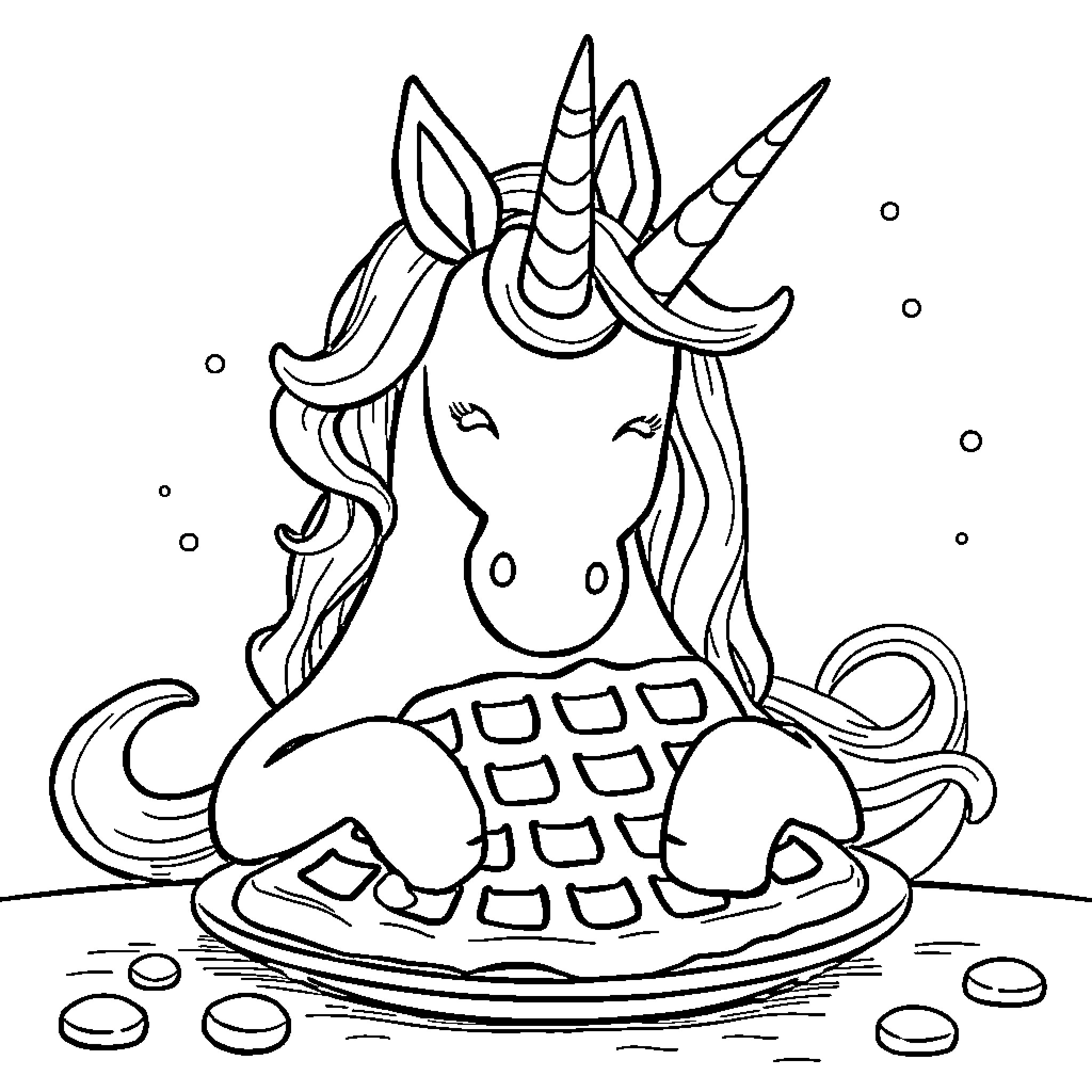 Unicorn eating a large waffle with delight Coloring Page (free black-and-white line drawing printable PDF for all, from beginners to advanced learners, including children, teens, adults, and seniors)
