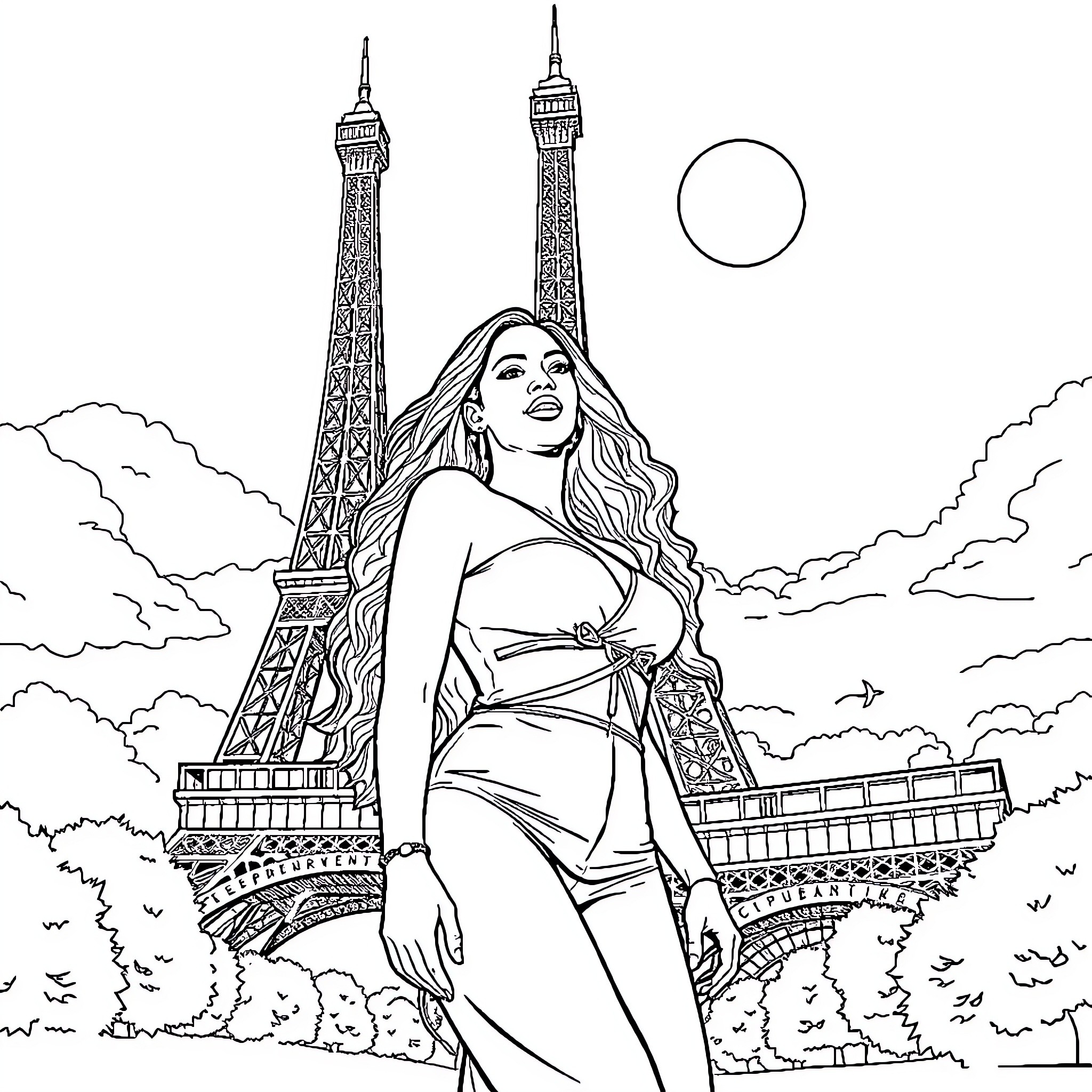 Beyonce posing elegantly in front of the Eiffel Tower Coloring Page (free black-and-white line drawing printable PDF for all, from beginners to advanced learners, including children, teens, adults, and seniors)