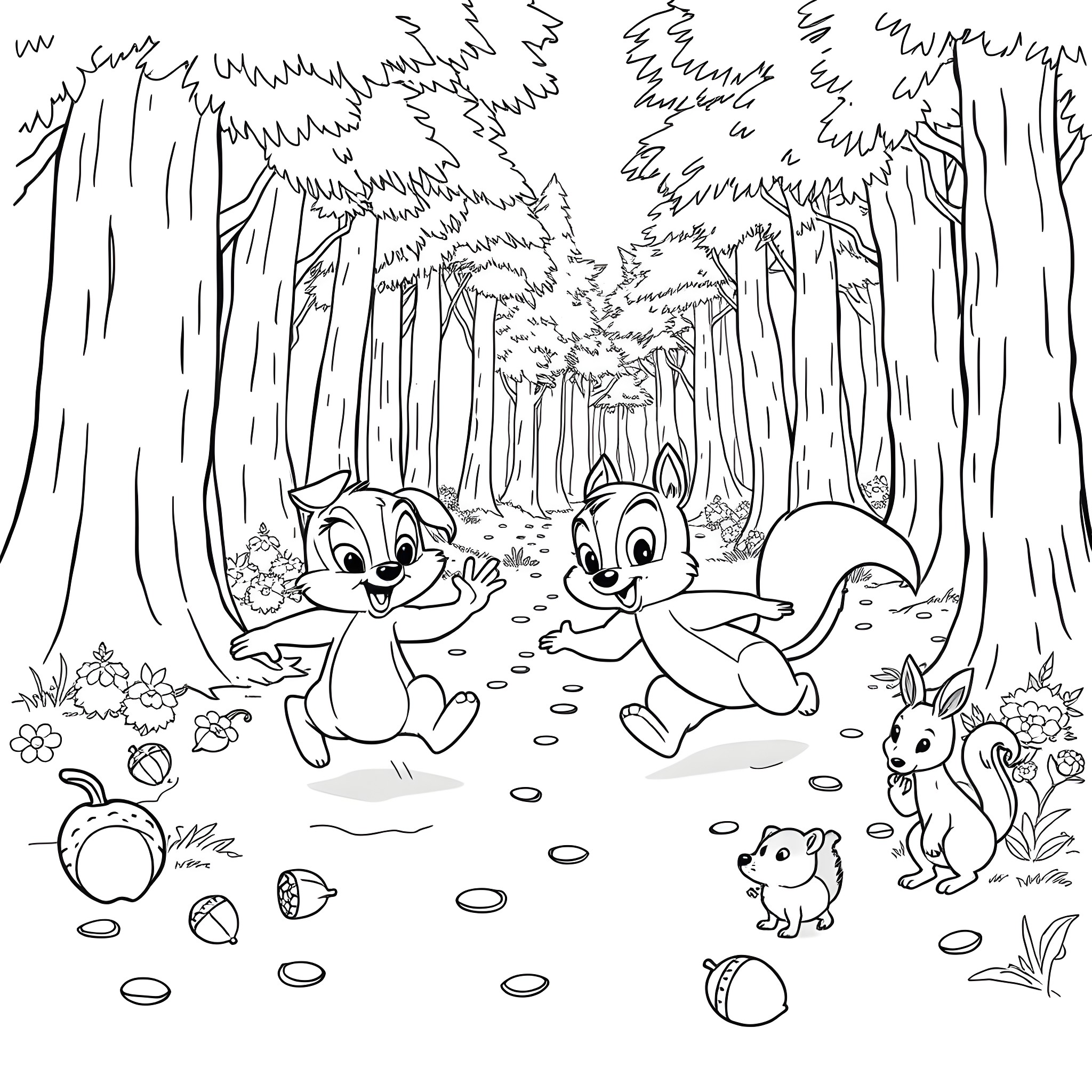 Chip and Chipmunks Exploring the Enchanted Forest Coloring Page (free black-and-white line drawing printable PDF for all, from beginners to advanced learners, including children, teens, adults, and seniors)