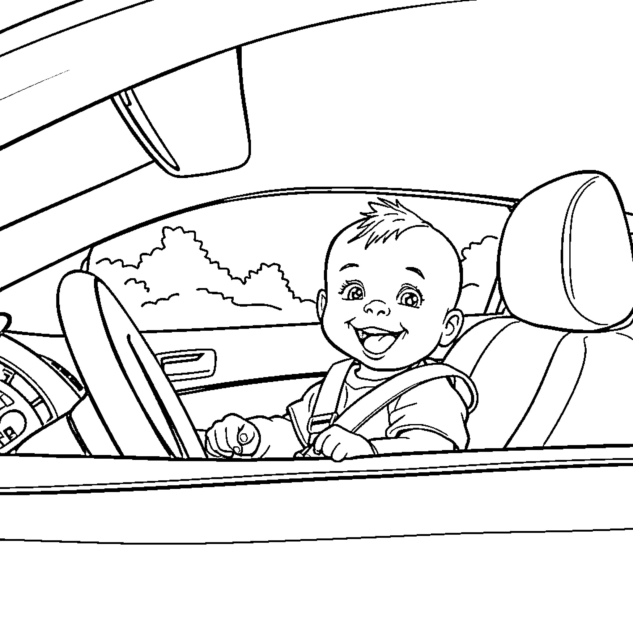 Baby enjoying car ride with happy expression Coloring Page (free black-and-white line drawing printable PDF for all, from beginners to advanced learners, including children, teens, adults, and seniors)