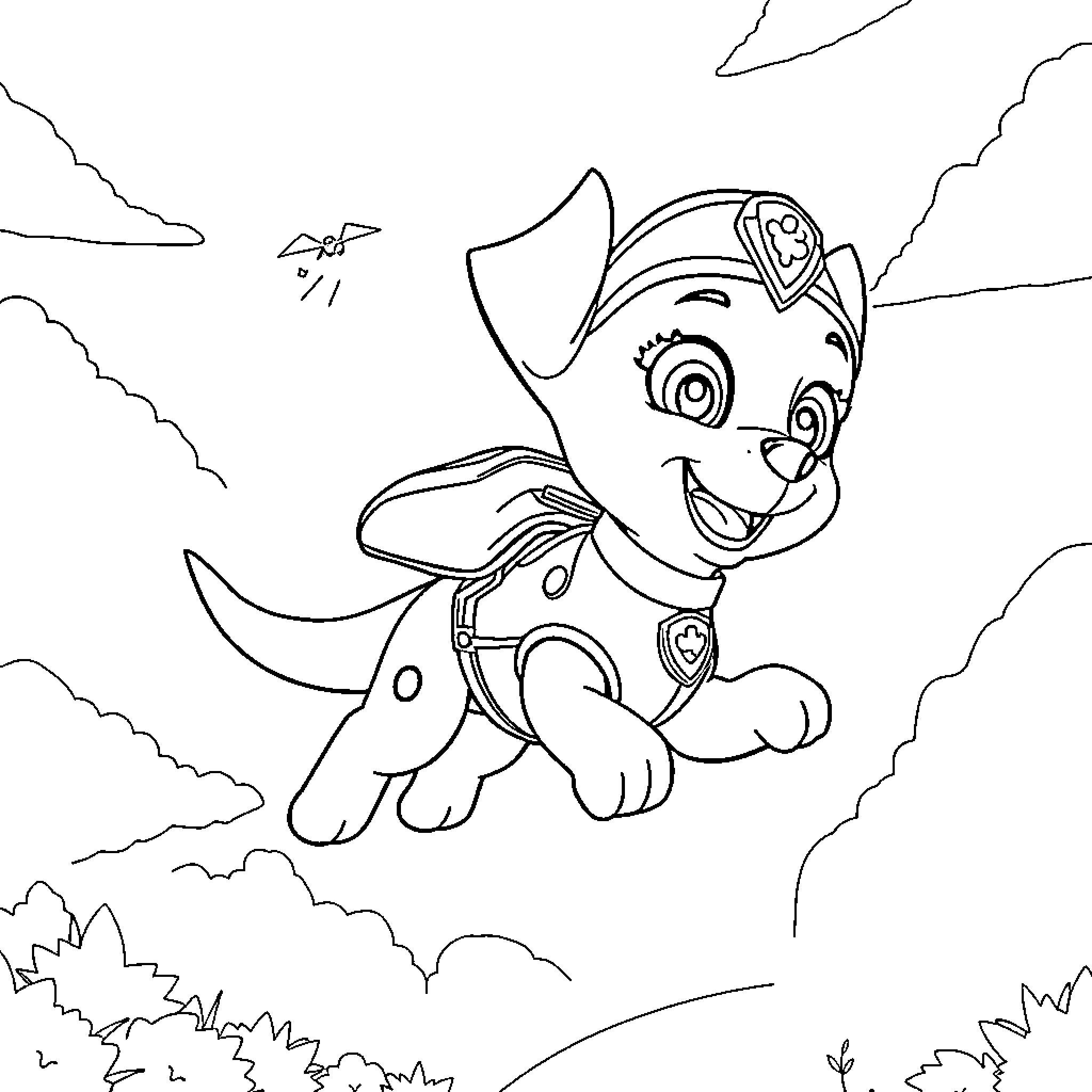 Skye the puppy soars through the sky Coloring Page (free black-and-white line drawing printable PDF for all, from beginners to advanced learners, including children, teens, adults, and seniors)