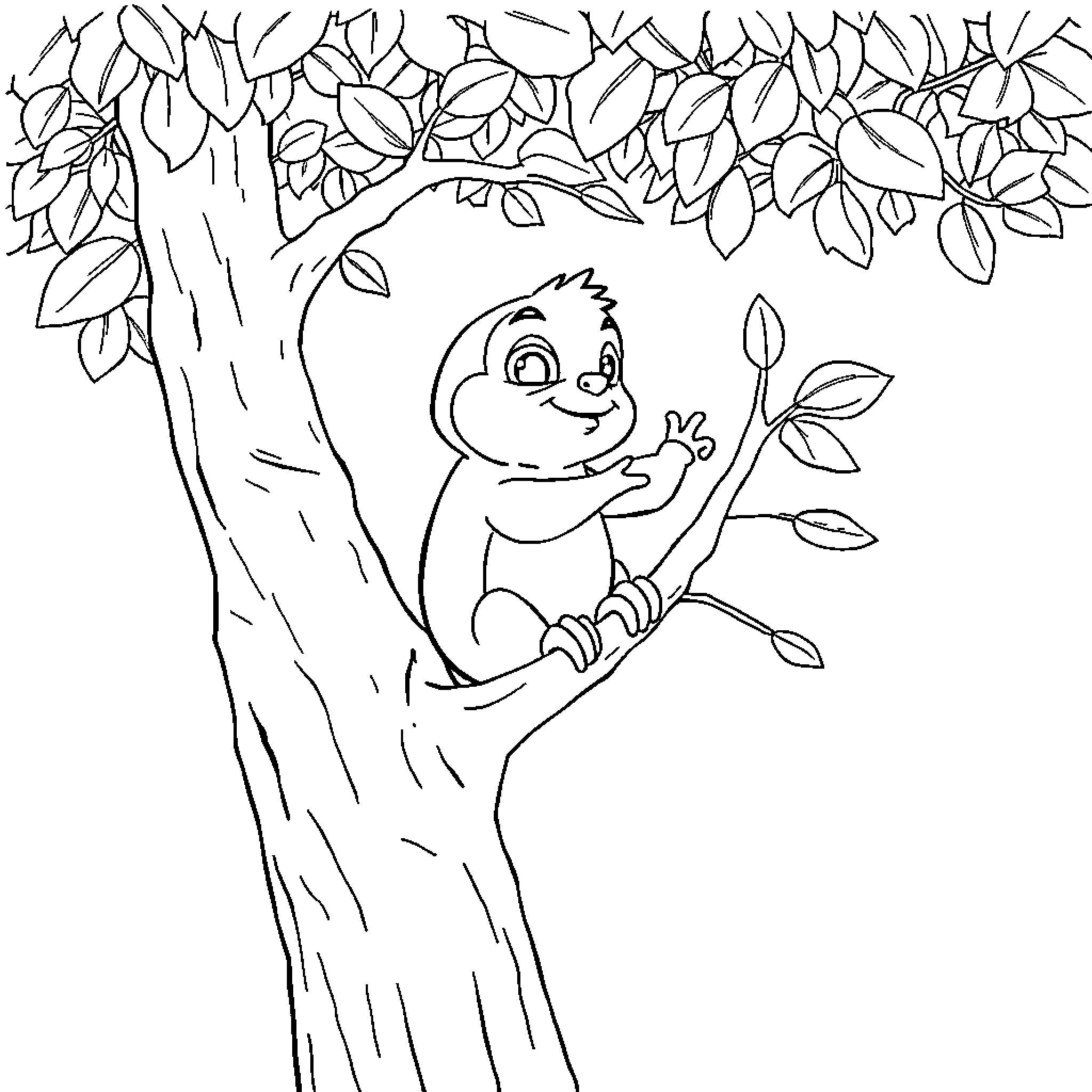 Wolverine relaxing in a tree surrounded by nature Coloring Page (free black-and-white line drawing printable PDF for all, from beginners to advanced learners, including children, teens, adults, and seniors)