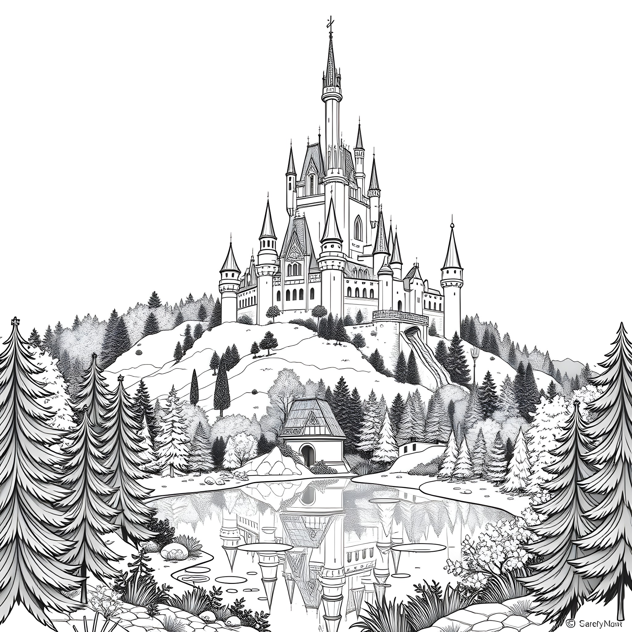 Aurora's Enchanted Castle in the Snowy Mountains Coloring Page (free black-and-white line drawing printable PDF for all, from beginners to advanced learners, including children, teens, adults, and seniors)