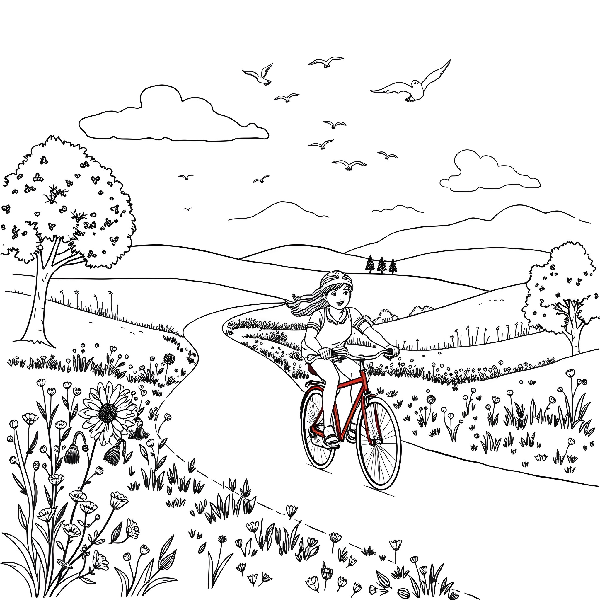 Bicycle riding through a scenic countryside landscape Coloring Page (free black-and-white line drawing printable PDF for all, from beginners to advanced learners, including children, teens, adults, and seniors)