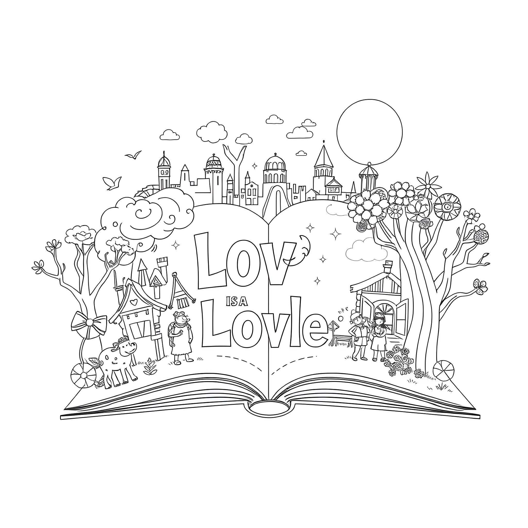 Word Art Illustration of Love in a Lively Scene Coloring Page (free black-and-white line drawing printable PDF for all, from beginners to advanced learners, including children, teens, adults, and seniors)