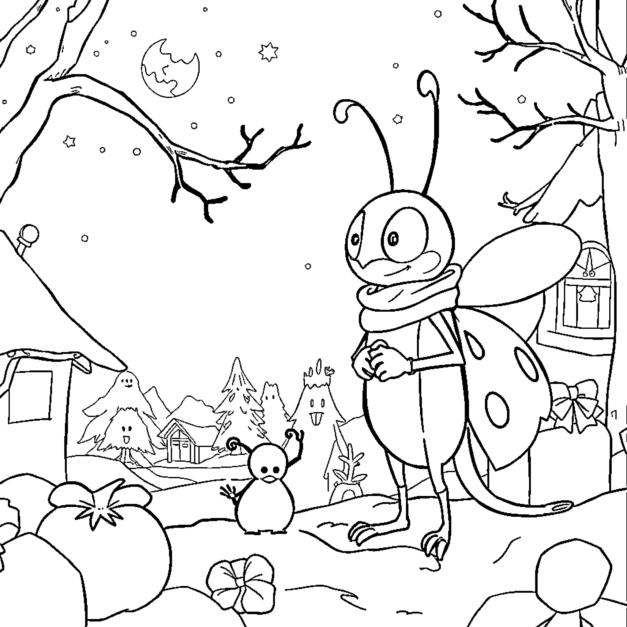 Jack Skellington in a snowy winter wonderland Coloring Page (free black-and-white line drawing printable PDF for all, from beginners to advanced learners, including children, teens, adults, and seniors)