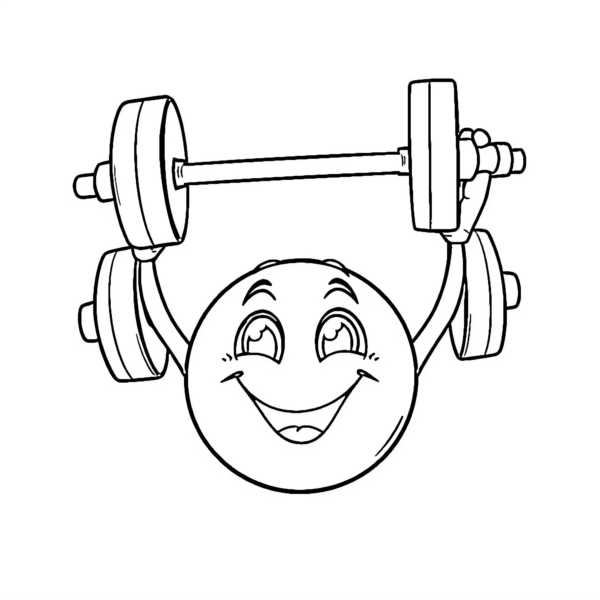 Smiley Face Emoji Lifting Weights Happily Coloring Page (free black-and-white line drawing printable PDF for all, from beginners to advanced learners, including children, teens, adults, and seniors)
