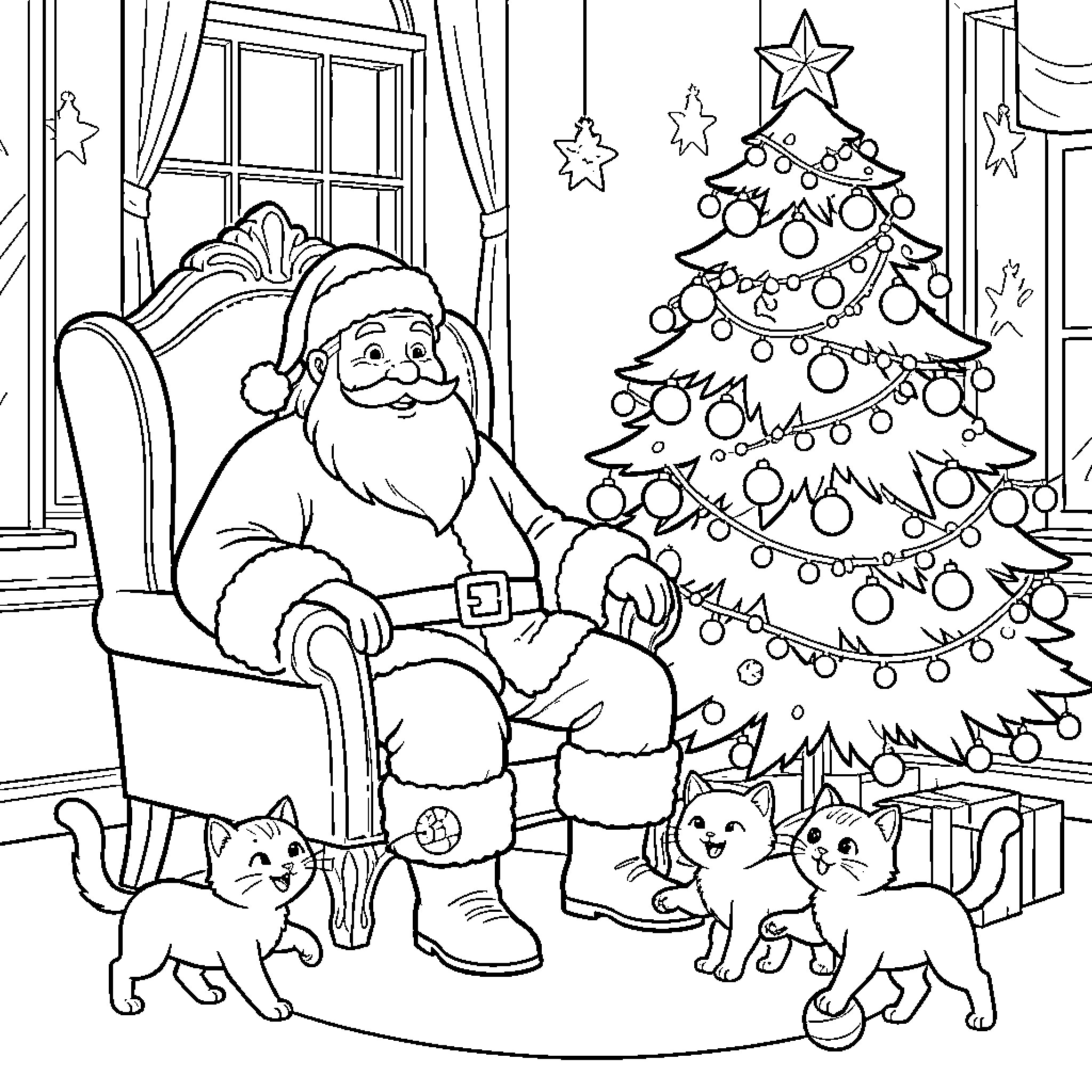 Père Noël relaxing with pets near decorated Christmas tree Coloring Page (free black-and-white line drawing printable PDF for all, from beginners to advanced learners, including children, teens, adults, and seniors)