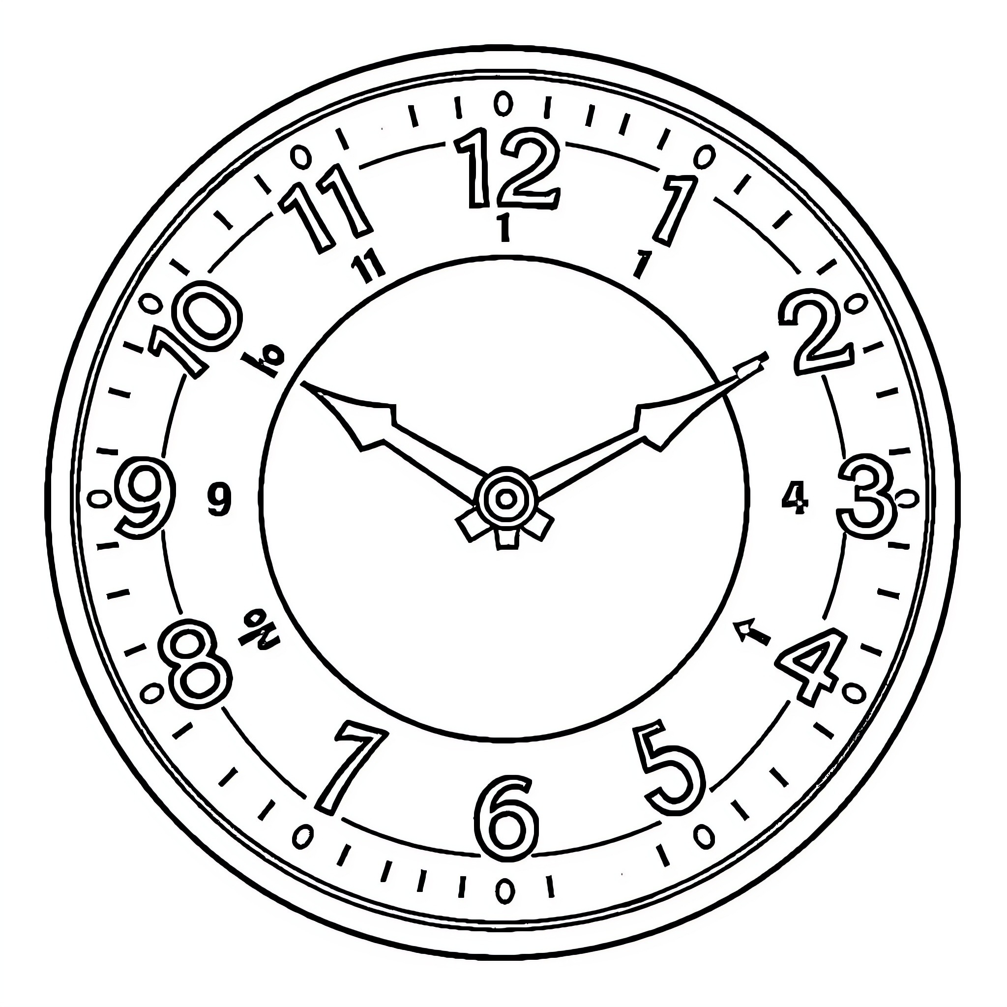 Clock with unique hour and minute hands Coloring Page (free black-and-white line drawing printable PDF for all, from beginners to advanced learners, including children, teens, adults, and seniors)