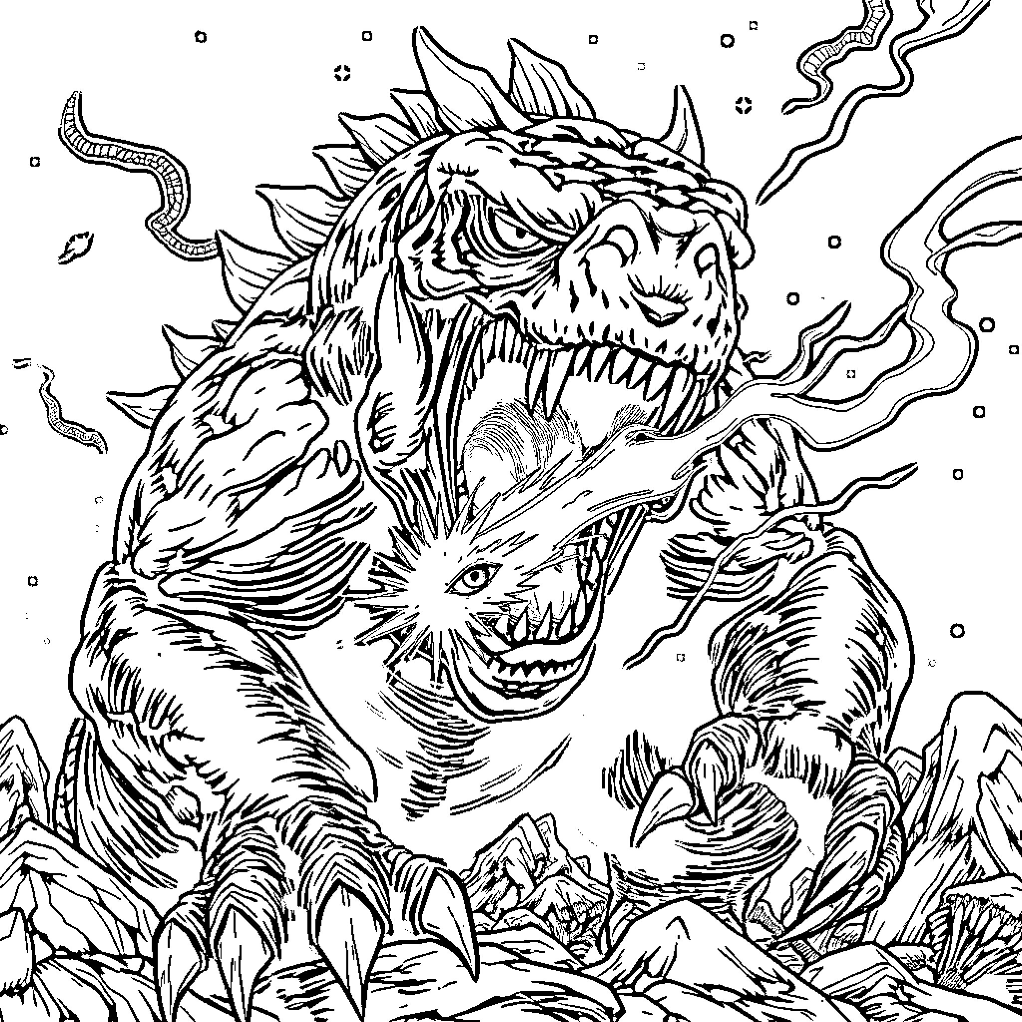Monster Rampaging Through the Rugged Terrain Coloring Page (free black-and-white line drawing printable PDF for all, from beginners to advanced learners, including children, teens, adults, and seniors)