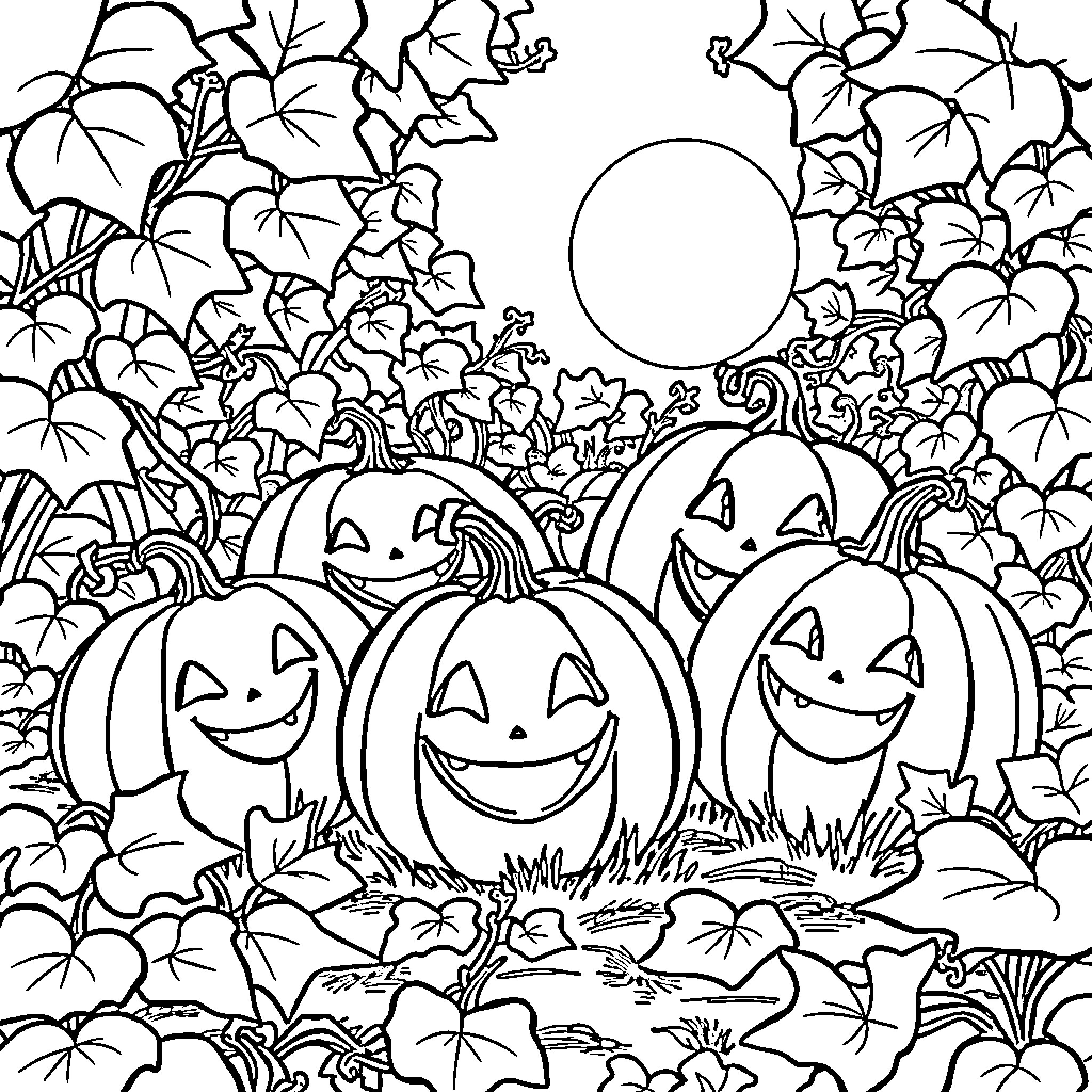 Pumpkin Patch with Smiling Jack-O'-Lanterns Coloring Page (free black-and-white line drawing printable PDF for all, from beginners to advanced learners, including children, teens, adults, and seniors)