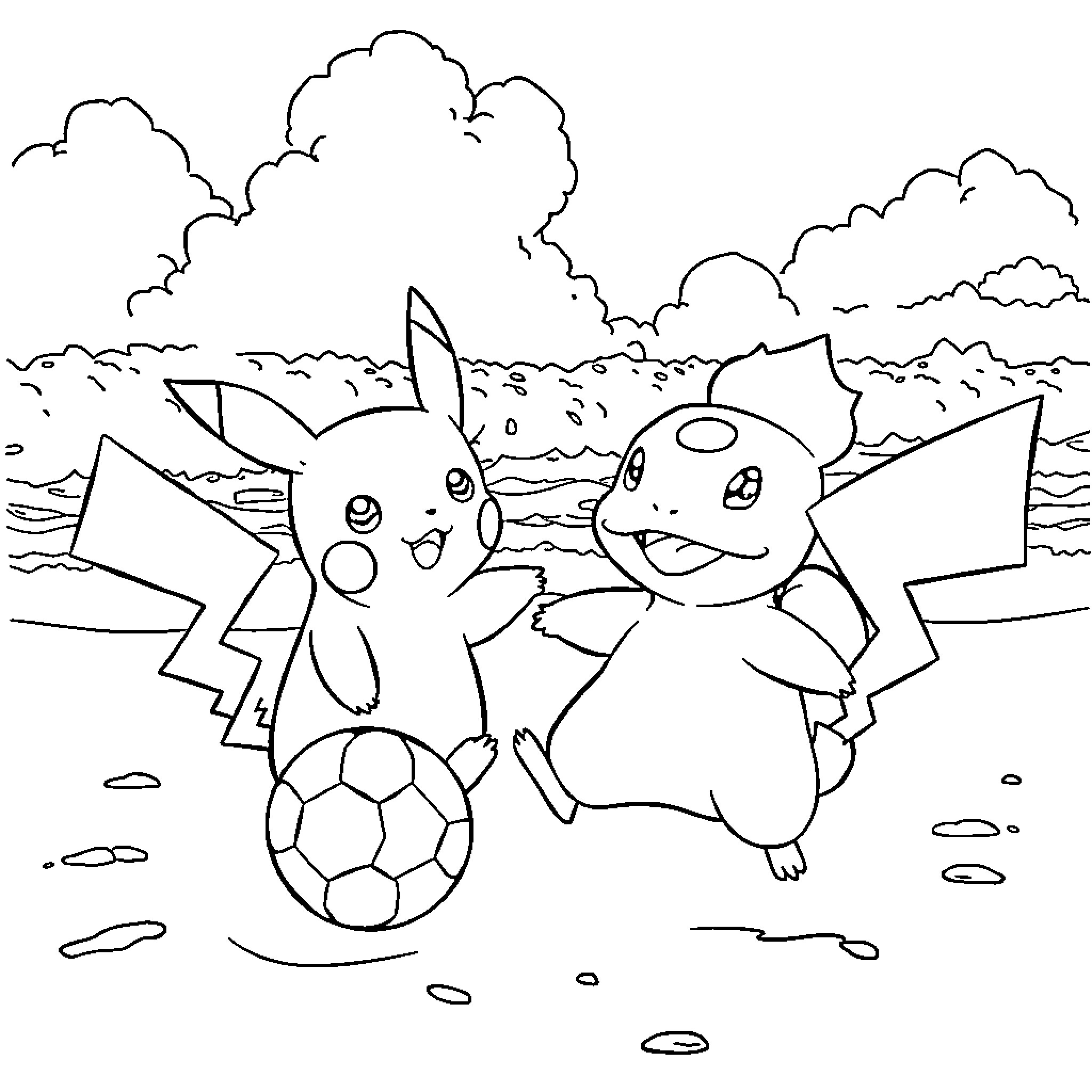 Pikachu and friends playing soccer in the park Coloring Page (free black-and-white line drawing printable PDF for all, from beginners to advanced learners, including children, teens, adults, and seniors)