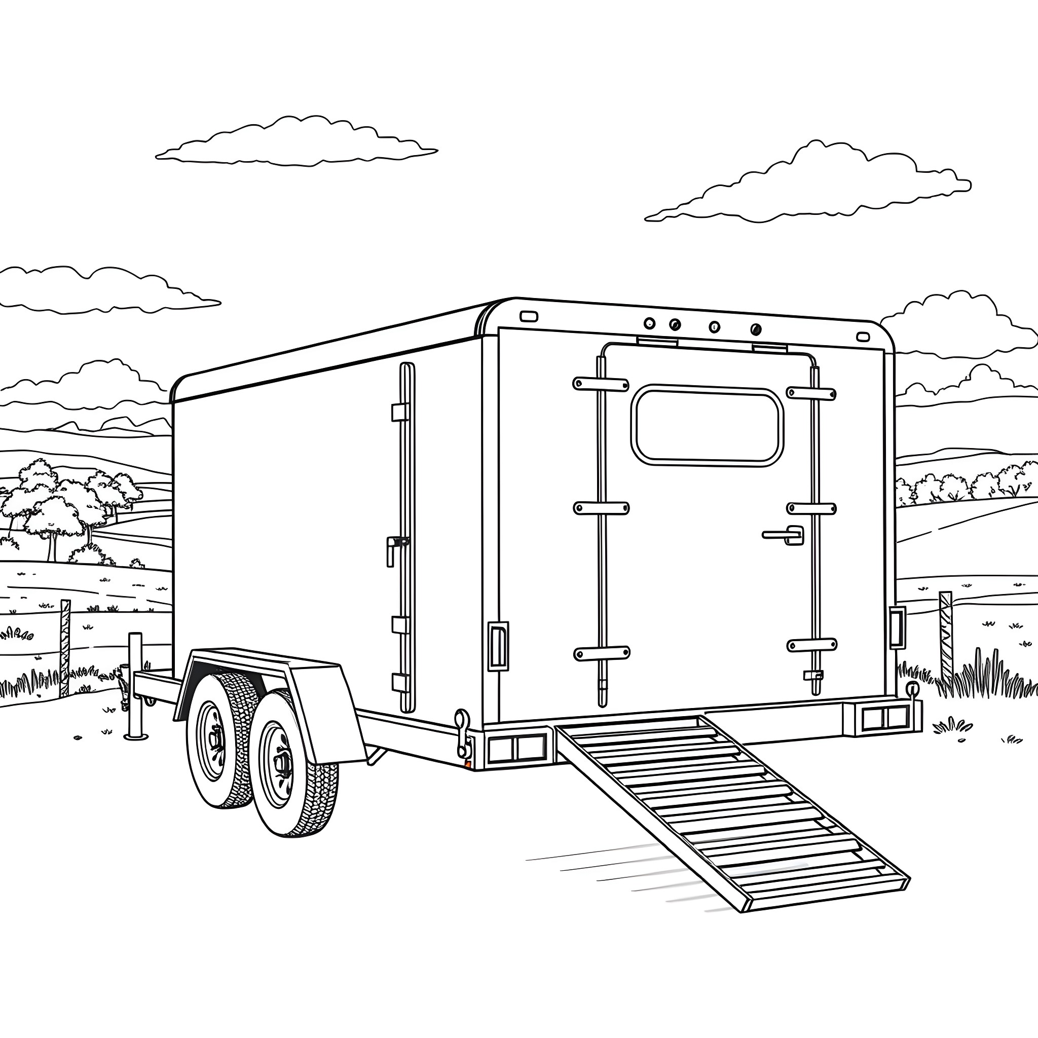 Car Trailer on a Rural Road Coloring Page (free black-and-white line drawing printable PDF for all, from beginners to advanced learners, including children, teens, adults, and seniors)