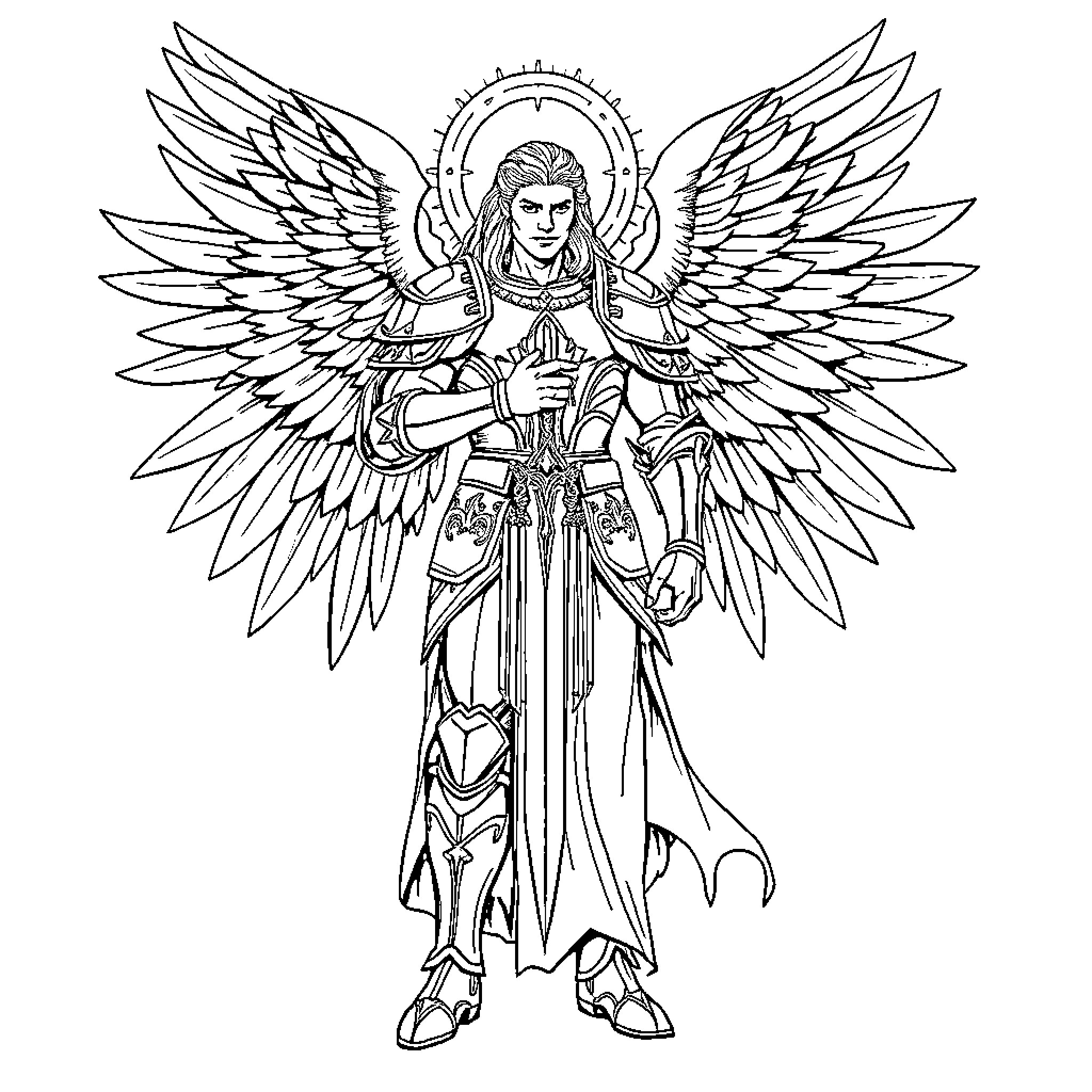 Sanguinius, the Angelic Primarch in Heroic Pose Coloring Page (free black-and-white line drawing printable PDF for all, from beginners to advanced learners, including children, teens, adults, and seniors)