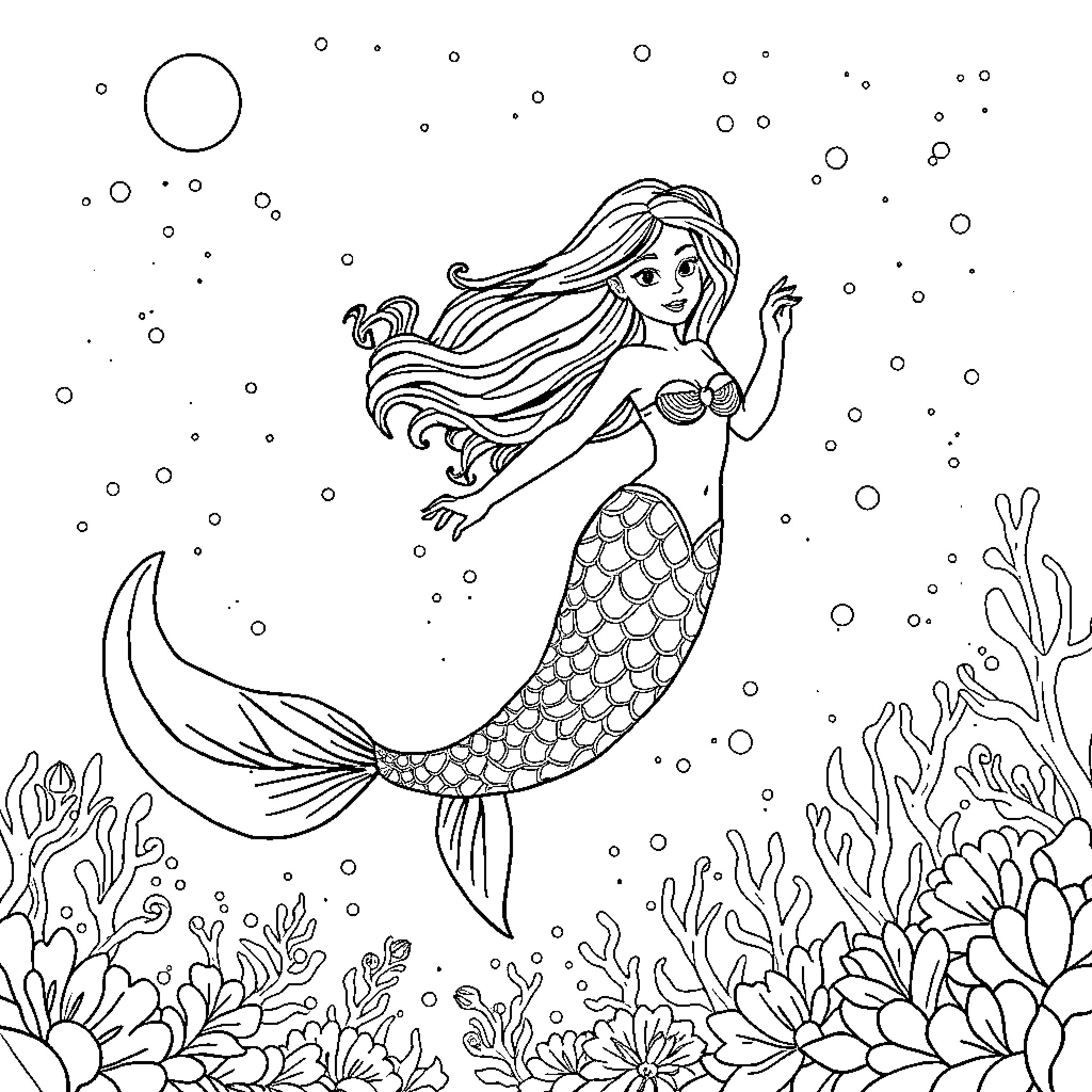 Mermaid dancing gracefully underwater with coral reef Coloring Page (free black-and-white line drawing printable PDF for all, from beginners to advanced learners, including children, teens, adults, and seniors)