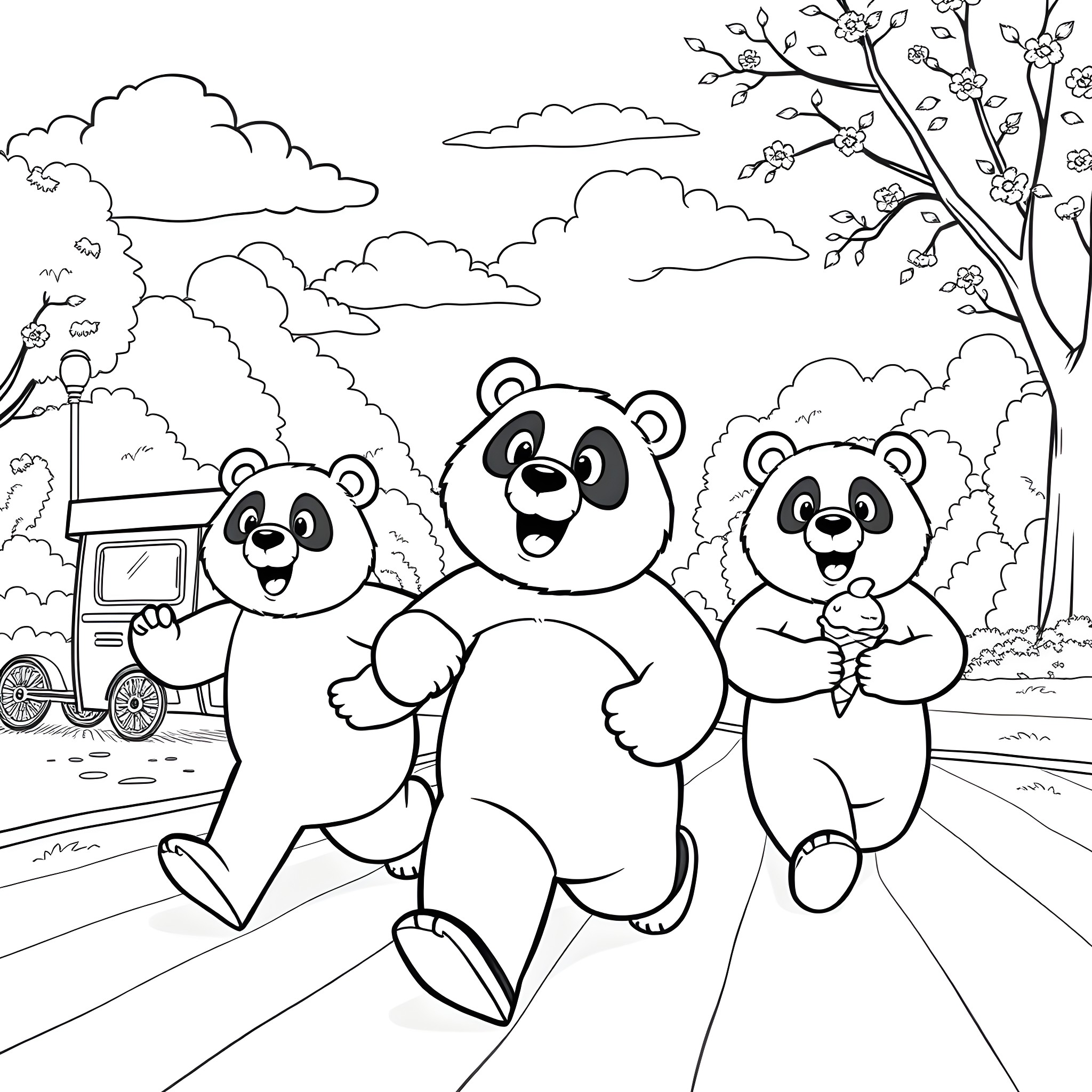 Bear Pandas Enjoying a Stroll in the Park Coloring Page (free black-and-white line drawing printable PDF for all, from beginners to advanced learners, including children, teens, adults, and seniors)