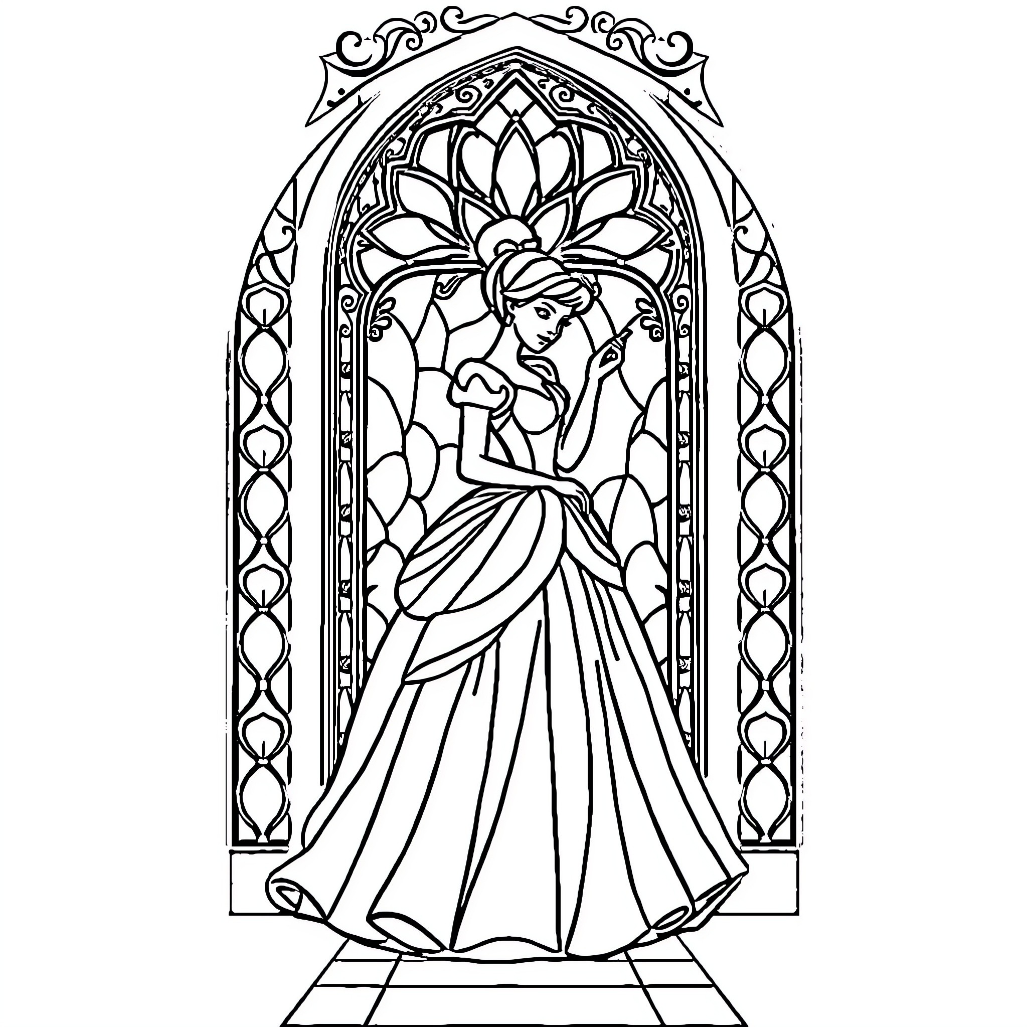 Cinderella in elegant dress within stained glass window Coloring Page (free black-and-white line drawing printable PDF for all, from beginners to advanced learners, including children, teens, adults, and seniors)