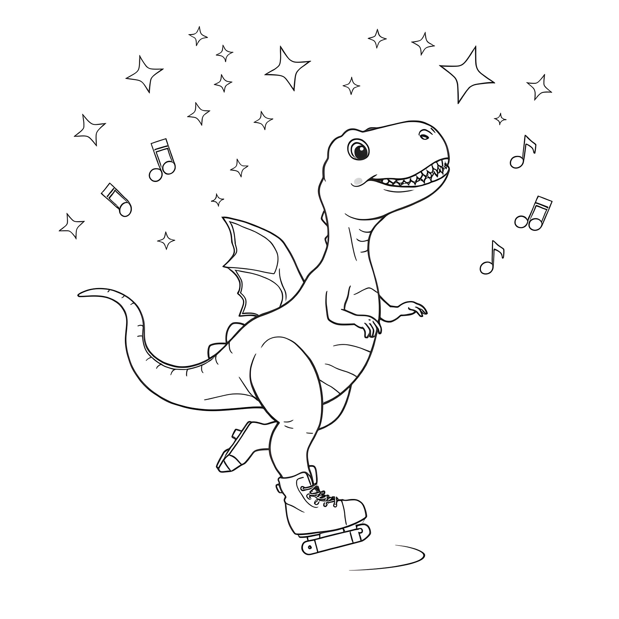 Dinosaur dancing and skating with music notes Coloring Page (free black-and-white line drawing printable PDF for all, from beginners to advanced learners, including children, teens, adults, and seniors)