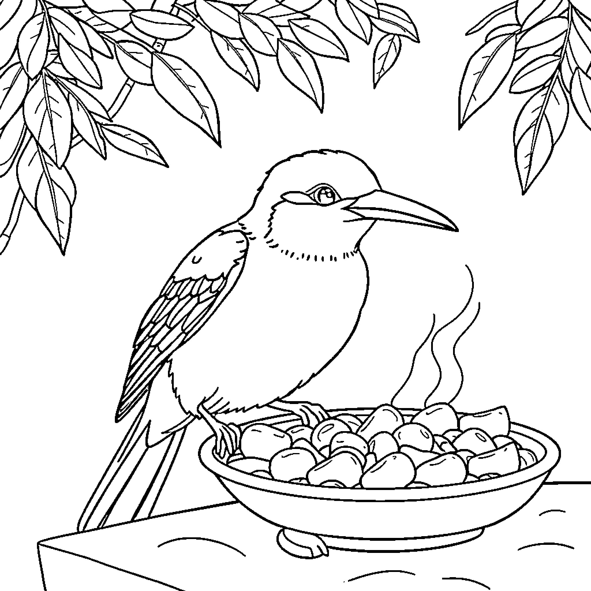 Bird eating from a bowl near leaves Coloring Page (free black-and-white line drawing printable PDF for all, from beginners to advanced learners, including children, teens, adults, and seniors)