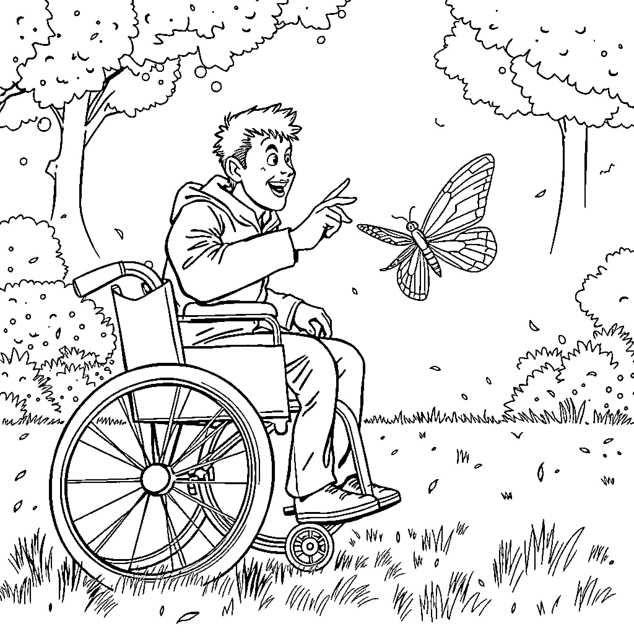 Rollstuhlfahrer erfreut sich an bunter Schmetterlingsbegegnung Coloring Page (free black-and-white line drawing printable PDF for all, from beginners to advanced learners, including children, teens, adults, and seniors)