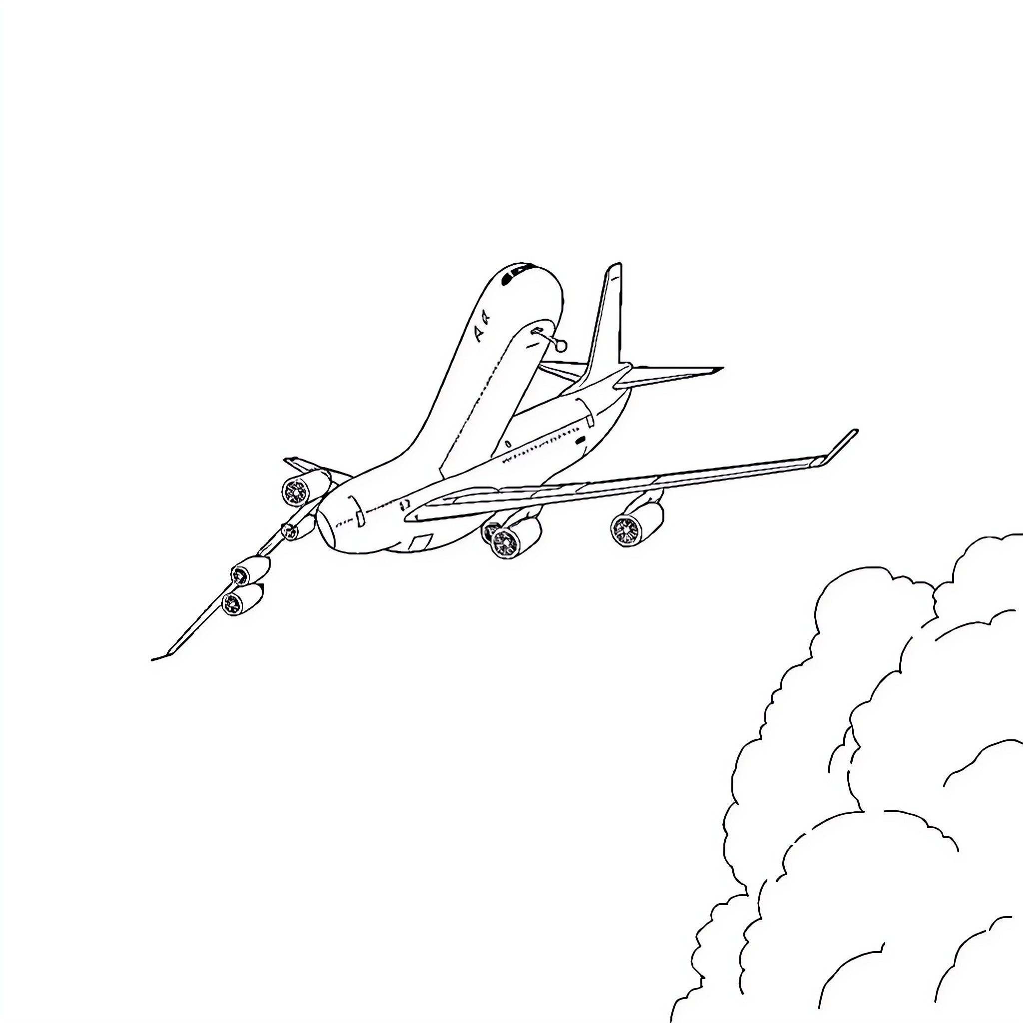 Antonov aircraft soaring through the clouds Coloring Page (free black-and-white line drawing printable PDF for all, from beginners to advanced learners, including children, teens, adults, and seniors)