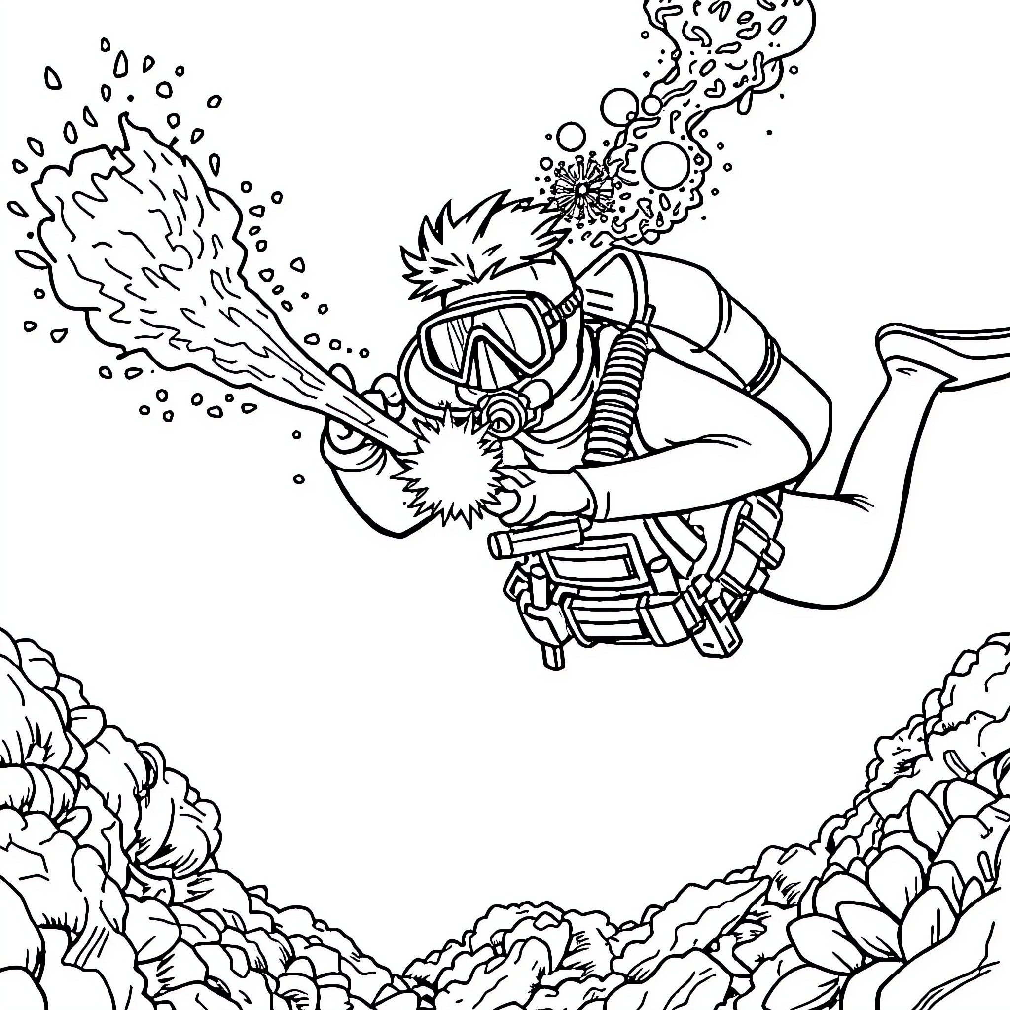 Scuba Diver Exploring Underwater Coral Reef Coloring Page (free black-and-white line drawing printable PDF for all, from beginners to advanced learners, including children, teens, adults, and seniors)