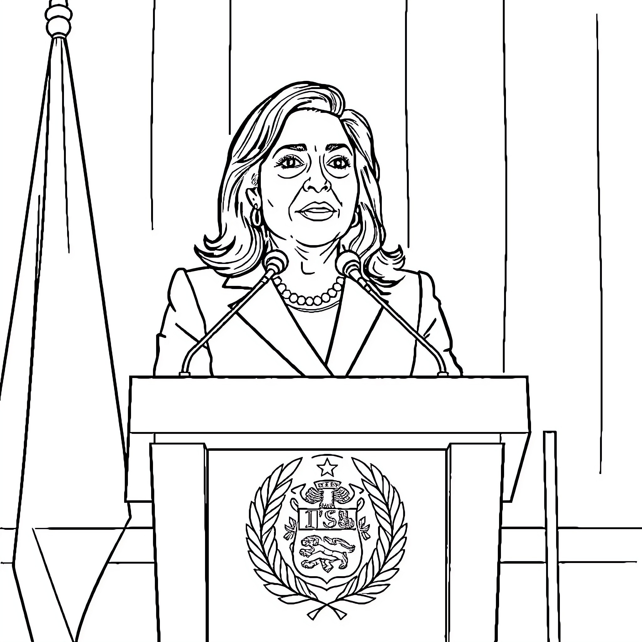 Dina Boluarte delivering a speech at the podium Coloring Page (free black-and-white line drawing printable PDF for all, from beginners to advanced learners, including children, teens, adults, and seniors)