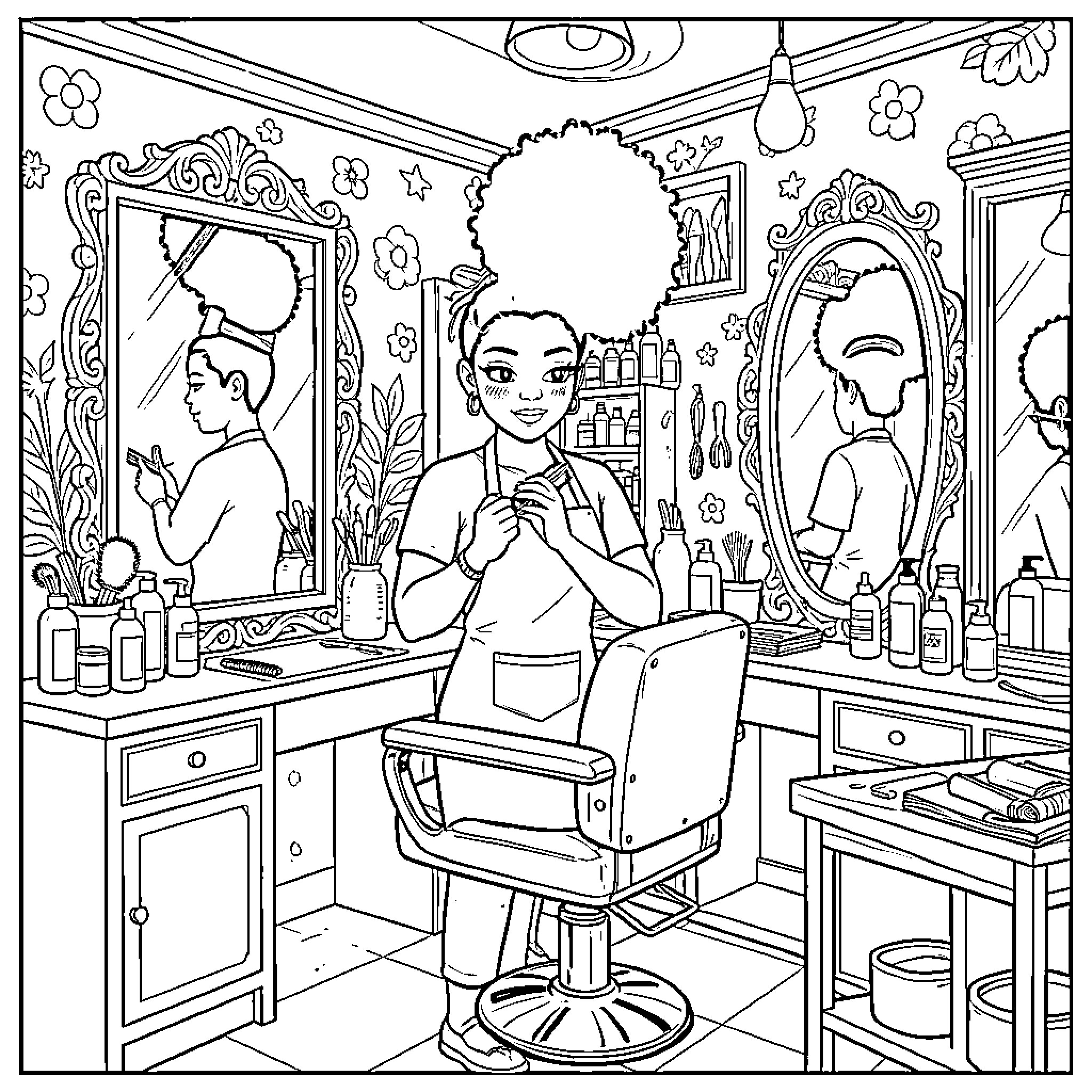 Hairstylist working in a stylish salon Coloring Page (free black-and-white line drawing printable PDF for all, from beginners to advanced learners, including children, teens, adults, and seniors)