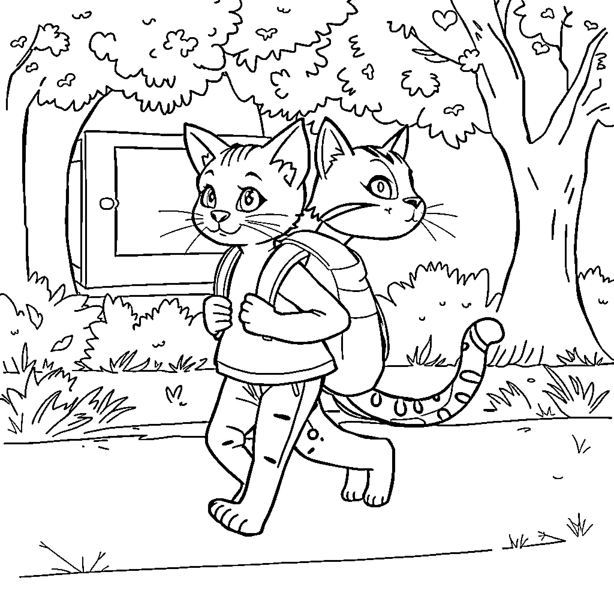 Gato cats exploring nature and electronics Coloring Page (free black-and-white line drawing printable PDF for all, from beginners to advanced learners, including children, teens, adults, and seniors)