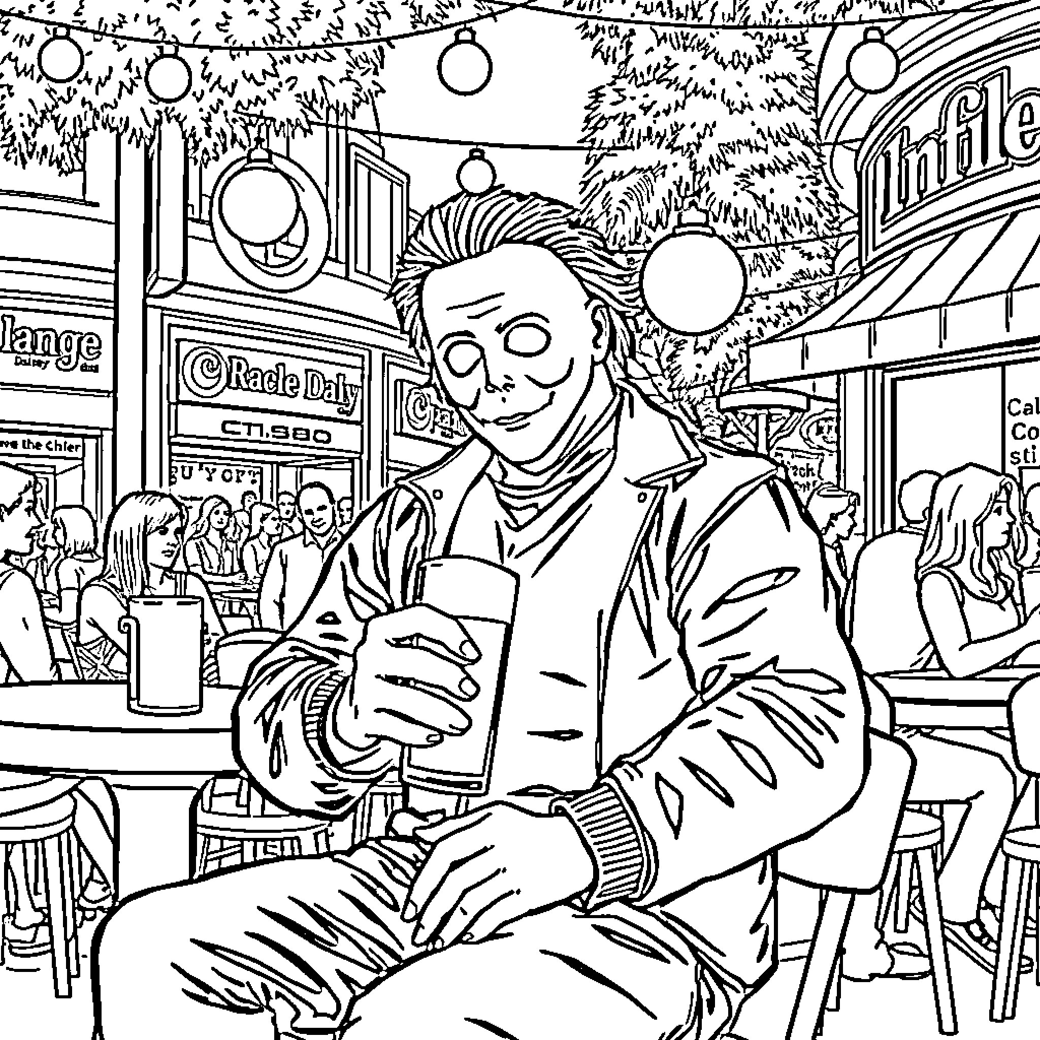 Michael Myers Enjoying the Local Night Life Coloring Page (free black-and-white line drawing printable PDF for all, from beginners to advanced learners, including children, teens, adults, and seniors)