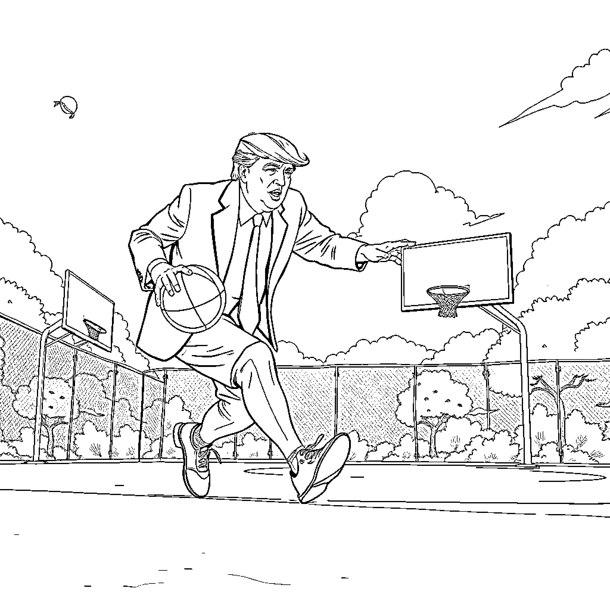 Trump Playing Basketball on Outdoor Court Coloring Page (free black-and-white line drawing printable PDF for all, from beginners to advanced learners, including children, teens, adults, and seniors)