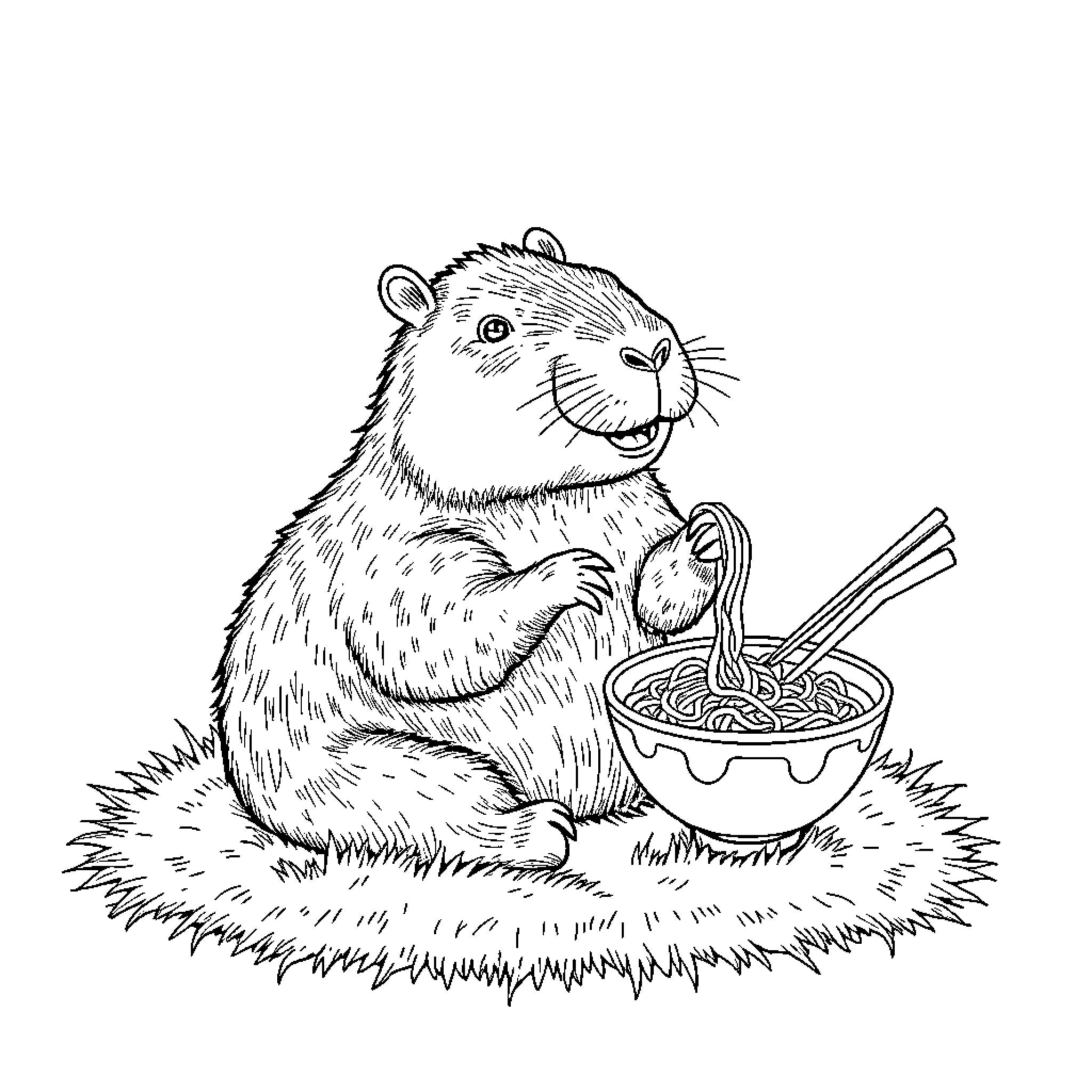 Capybara enjoying a tasty meal on the grass Coloring Page (free black-and-white line drawing printable PDF for all, from beginners to advanced learners, including children, teens, adults, and seniors)