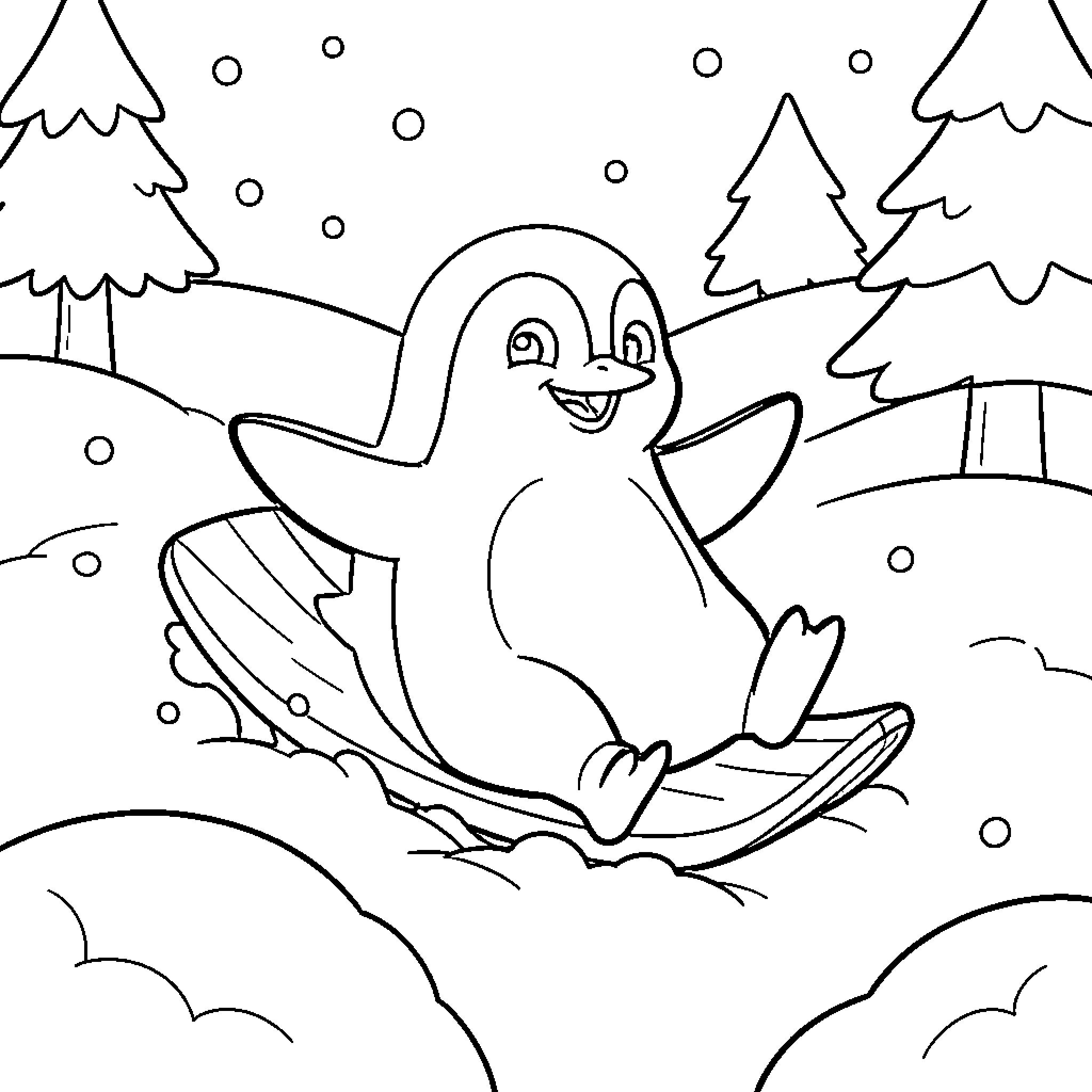 Penguin sliding happily down a snowy hill on a sled Coloring Page (free black-and-white line drawing printable PDF for all, from beginners to advanced learners, including children, teens, adults, and seniors)
