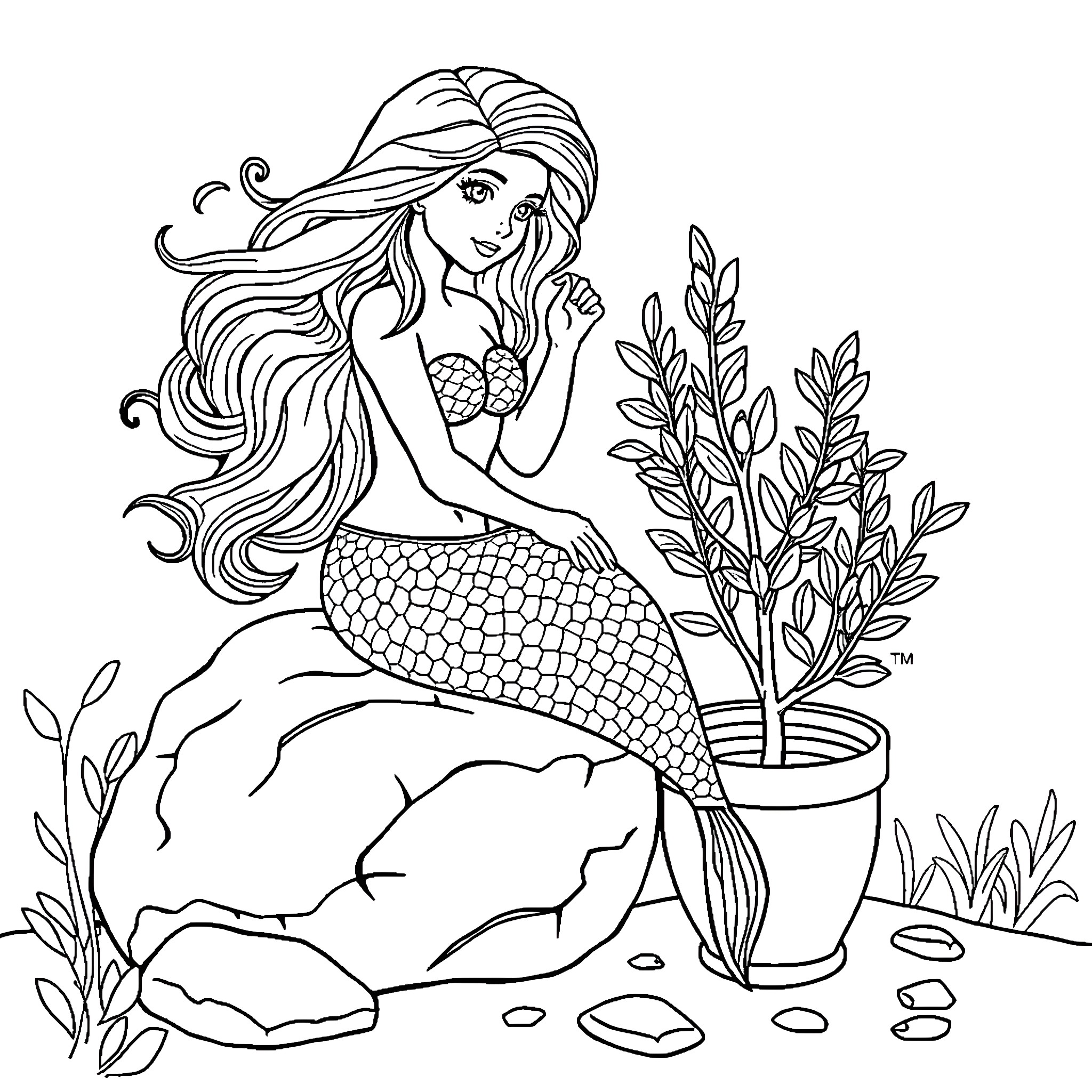 Mermaid relaxing amidst underwater plants and rocks Coloring Page (free black-and-white line drawing printable PDF for all, from beginners to advanced learners, including children, teens, adults, and seniors)