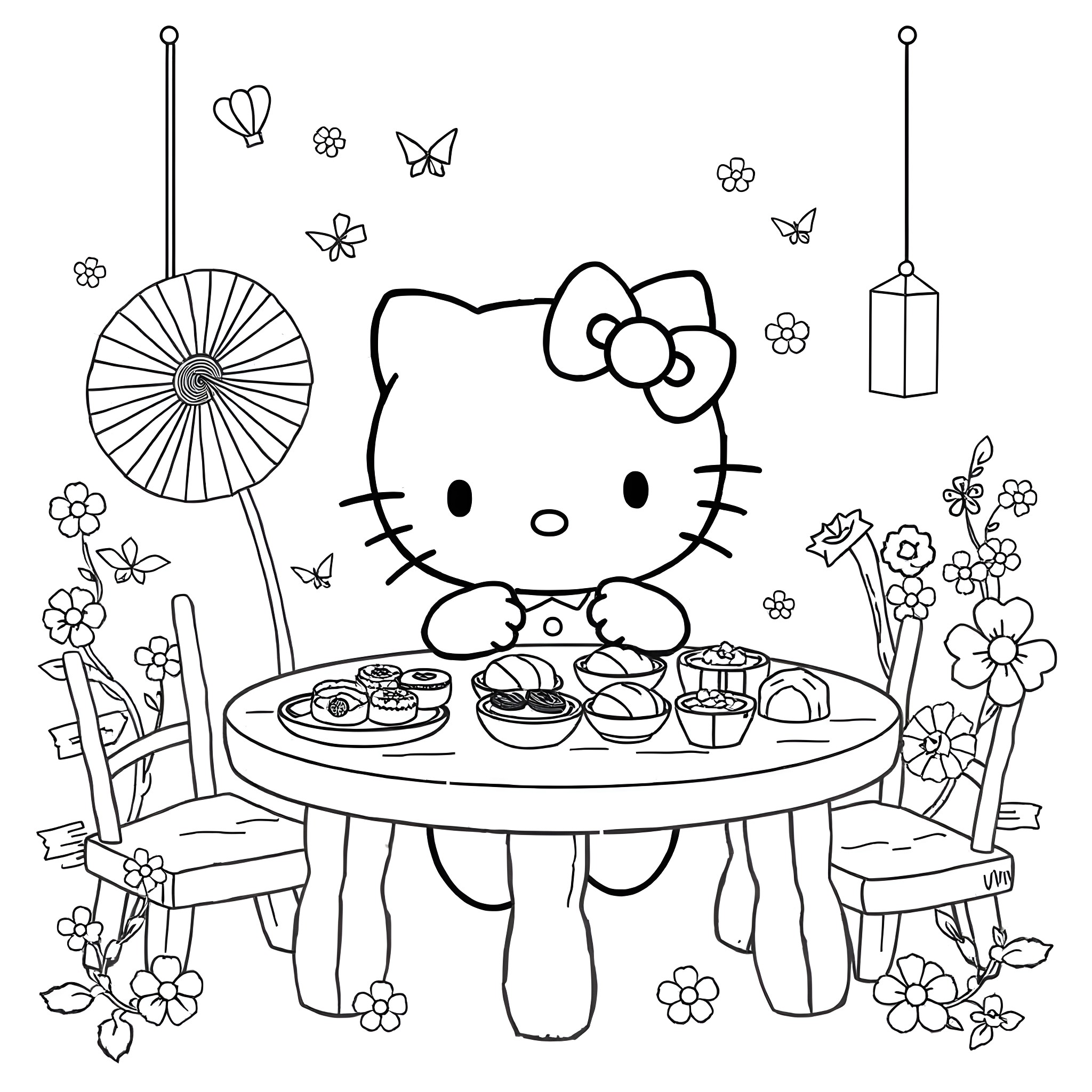 Hello Kitty enjoying a delightful tea party Coloring Page (free black-and-white line drawing printable PDF for all, from beginners to advanced learners, including children, teens, adults, and seniors)