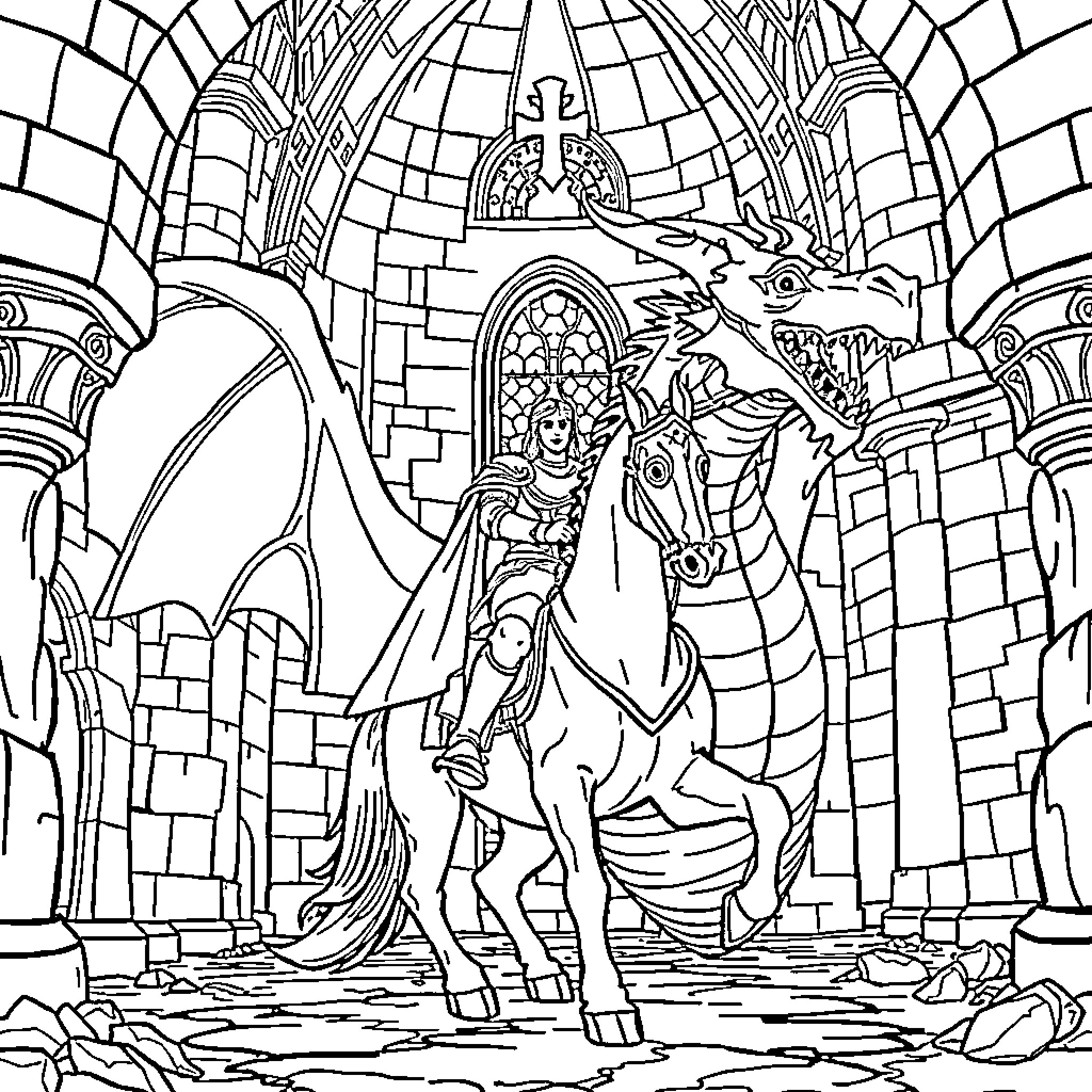 Knight Riding Majestic Horse through Ornate Castle Archway Coloring Page (free black-and-white line drawing printable PDF for all, from beginners to advanced learners, including children, teens, adults, and seniors)