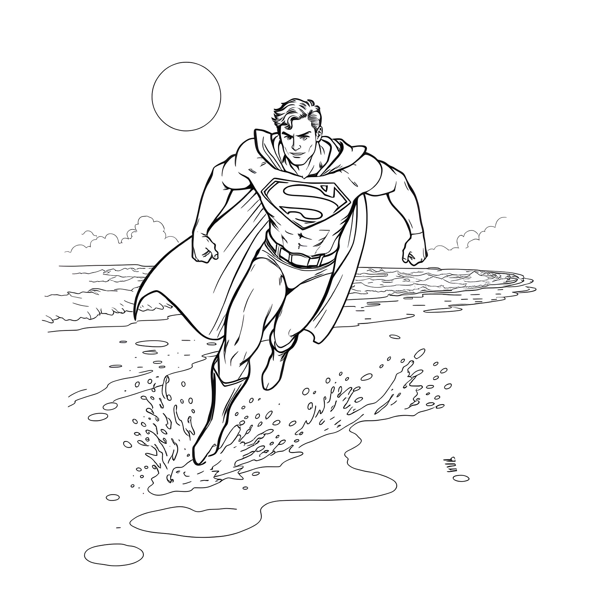 Superman soaring through the sky heroically Coloring Page (free black-and-white line drawing printable PDF for all, from beginners to advanced learners, including children, teens, adults, and seniors)