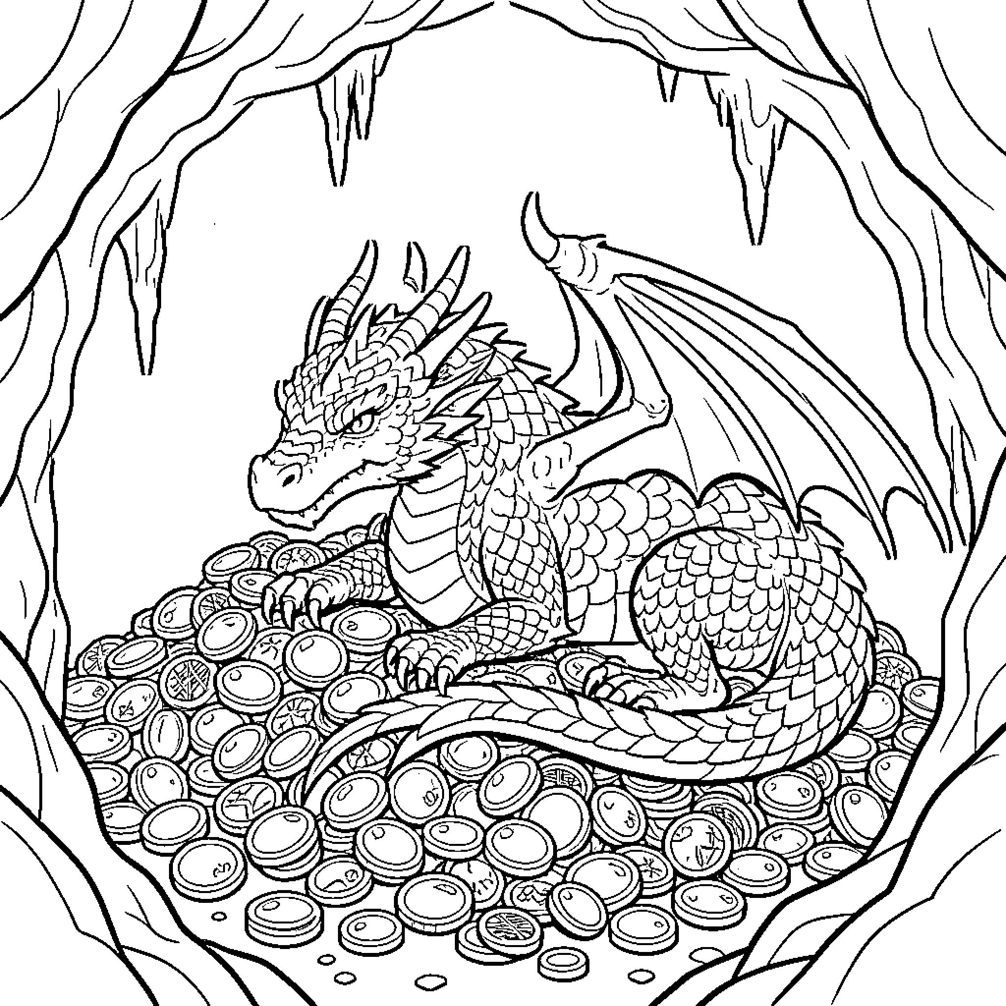 Dragon guarding a large pile of gold coins Coloring Page (free black-and-white line drawing printable PDF for all, from beginners to advanced learners, including children, teens, adults, and seniors)