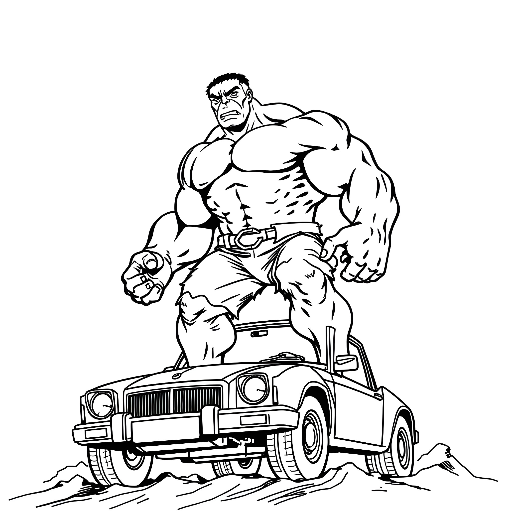 Hulk destroying a vehicle with fierce expression Coloring Page (free black-and-white line drawing printable PDF for all, from beginners to advanced learners, including children, teens, adults, and seniors)