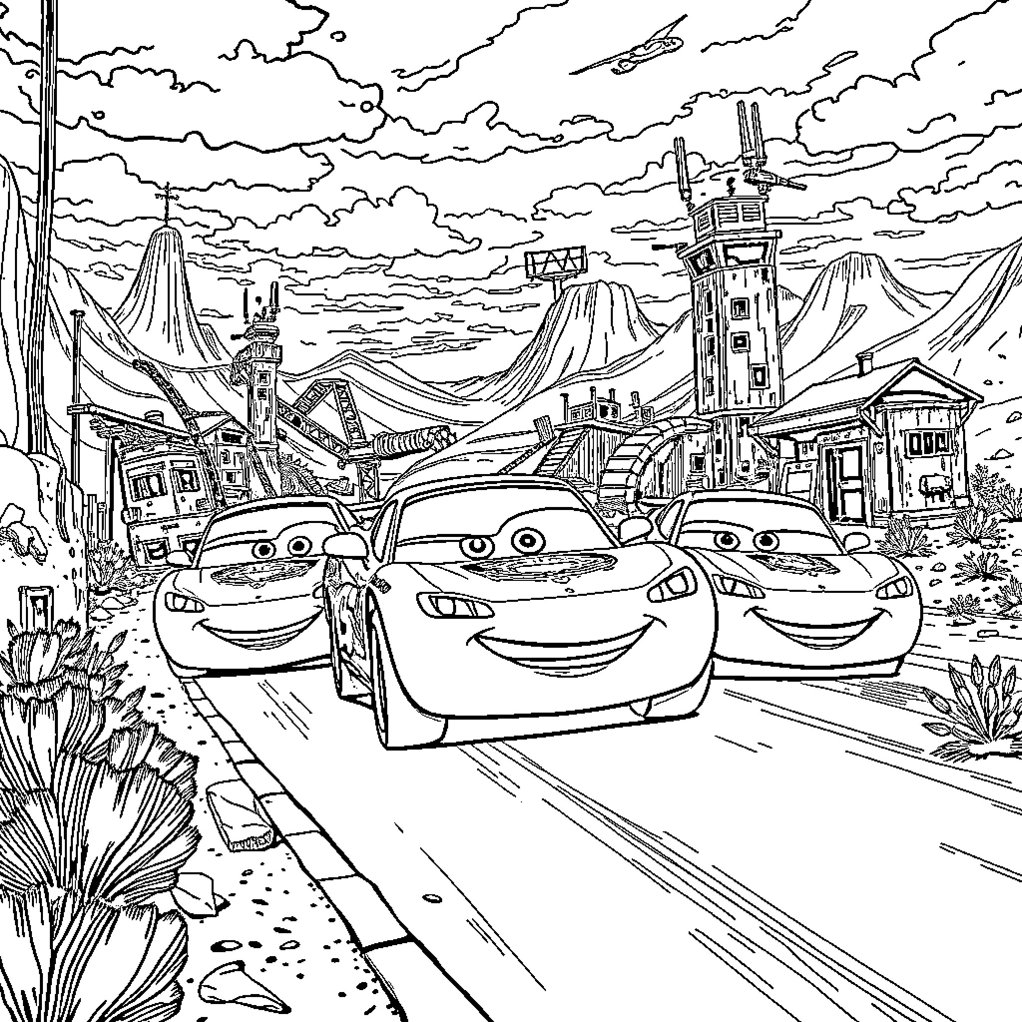 Cars driving through futuristic cityscape Coloring Page (free black-and-white line drawing printable PDF for all, from beginners to advanced learners, including children, teens, adults, and seniors)