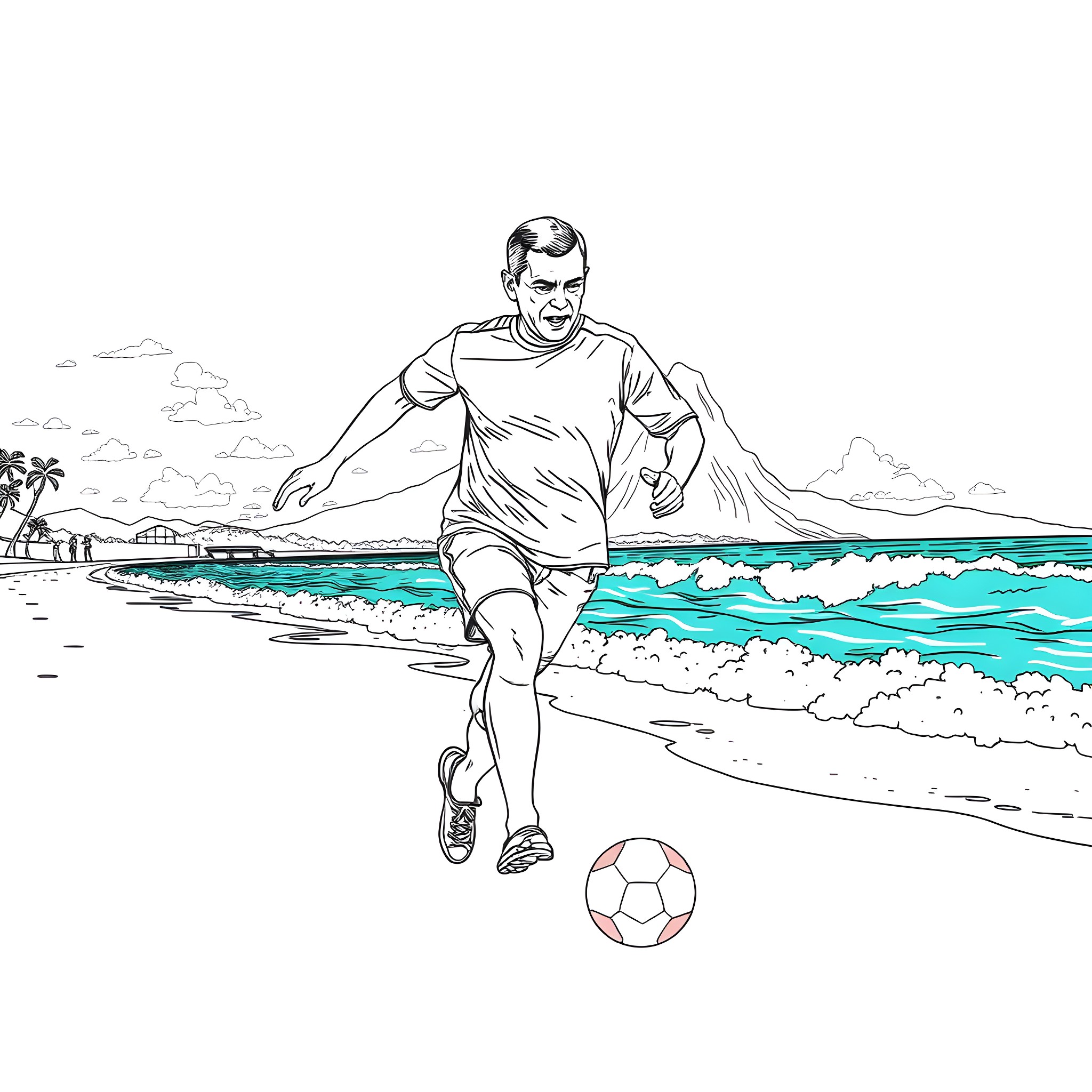 Luiz Inácio Lula da Silva playing soccer on the beach Coloring Page (free black-and-white line drawing printable PDF for all, from beginners to advanced learners, including children, teens, adults, and seniors)