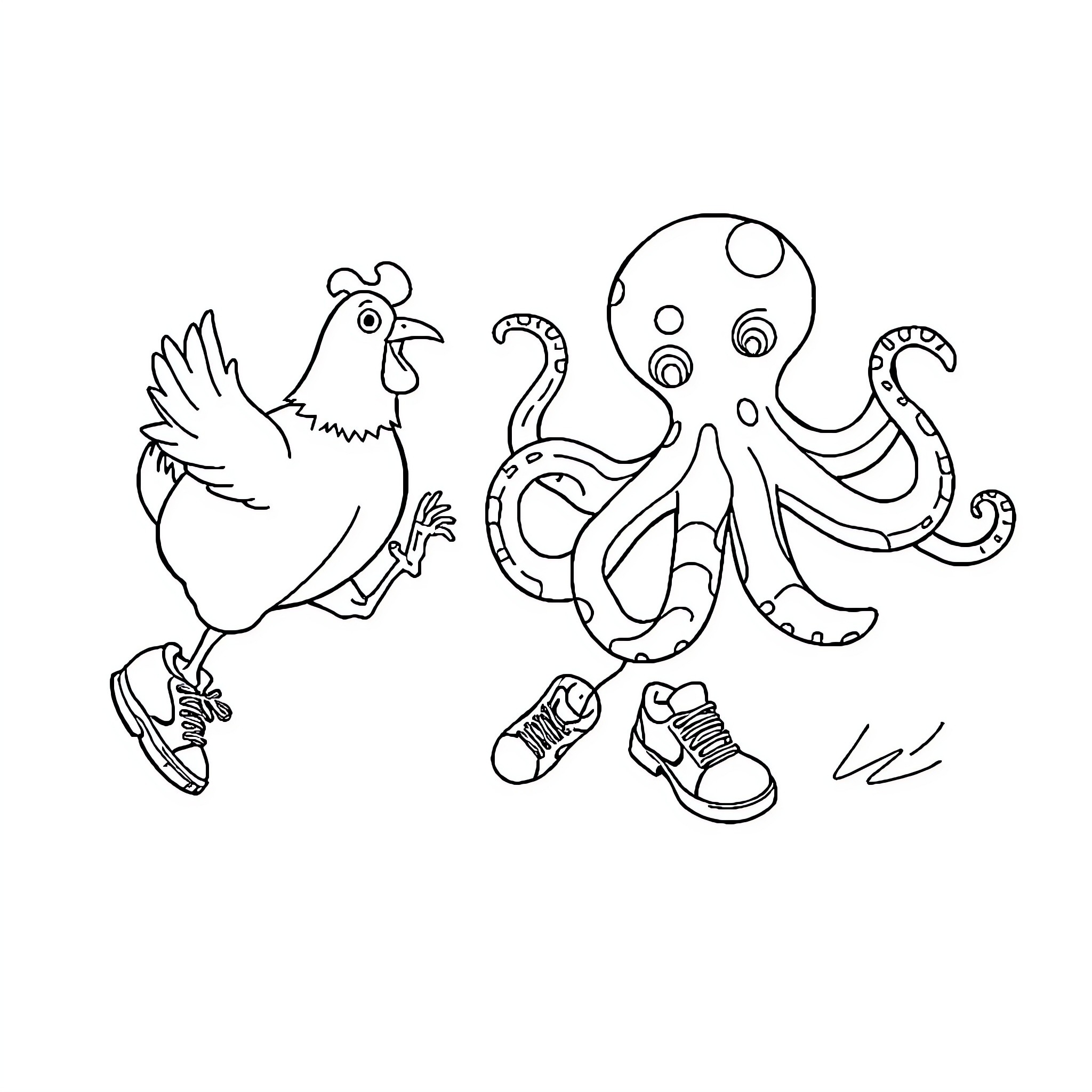 Chicken and Octopus Playing Dress-Up Coloring Page (free black-and-white line drawing printable PDF for all, from beginners to advanced learners, including children, teens, adults, and seniors)