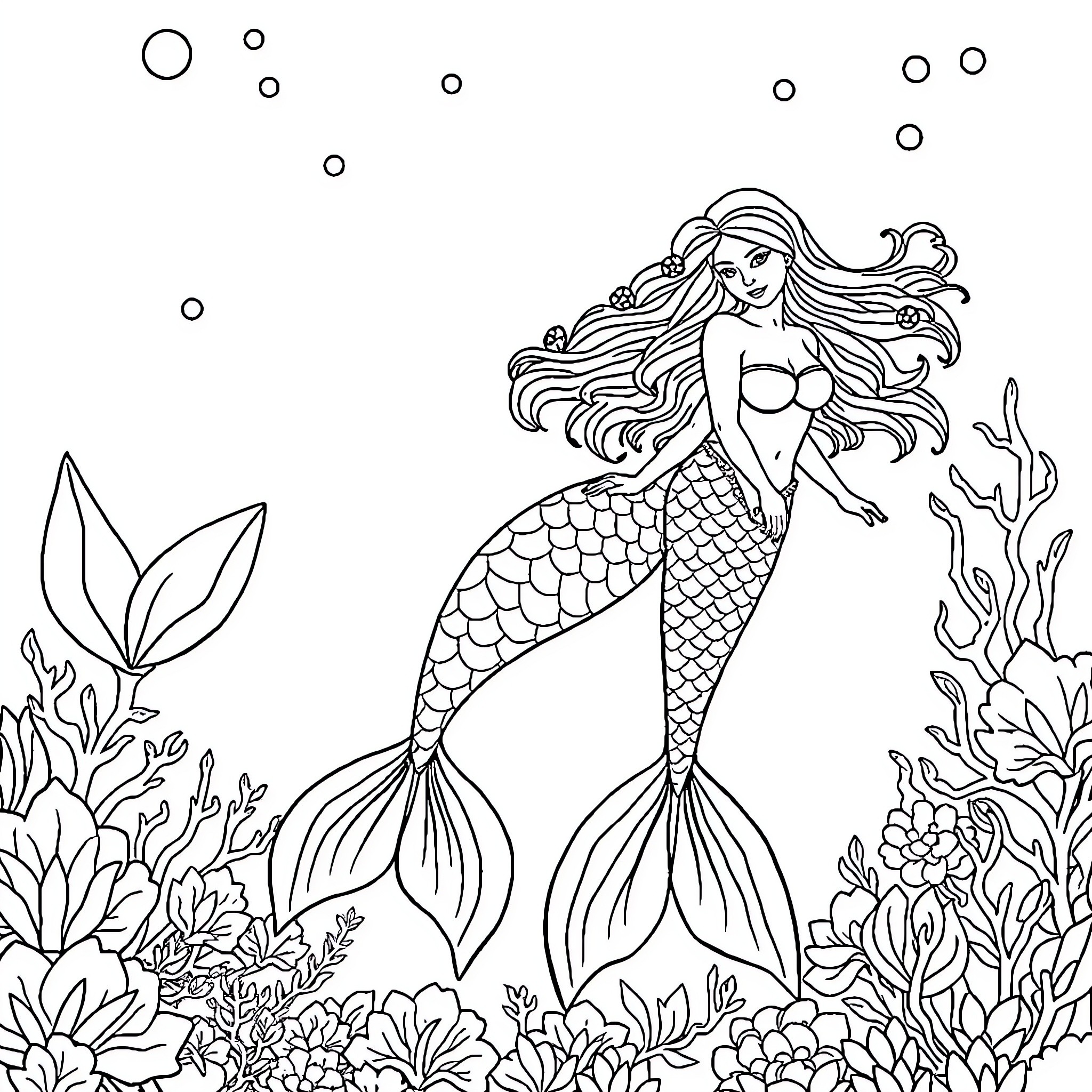 Mermaid swimming amidst underwater flora and fauna Coloring Page (free black-and-white line drawing printable PDF for all, from beginners to advanced learners, including children, teens, adults, and seniors)