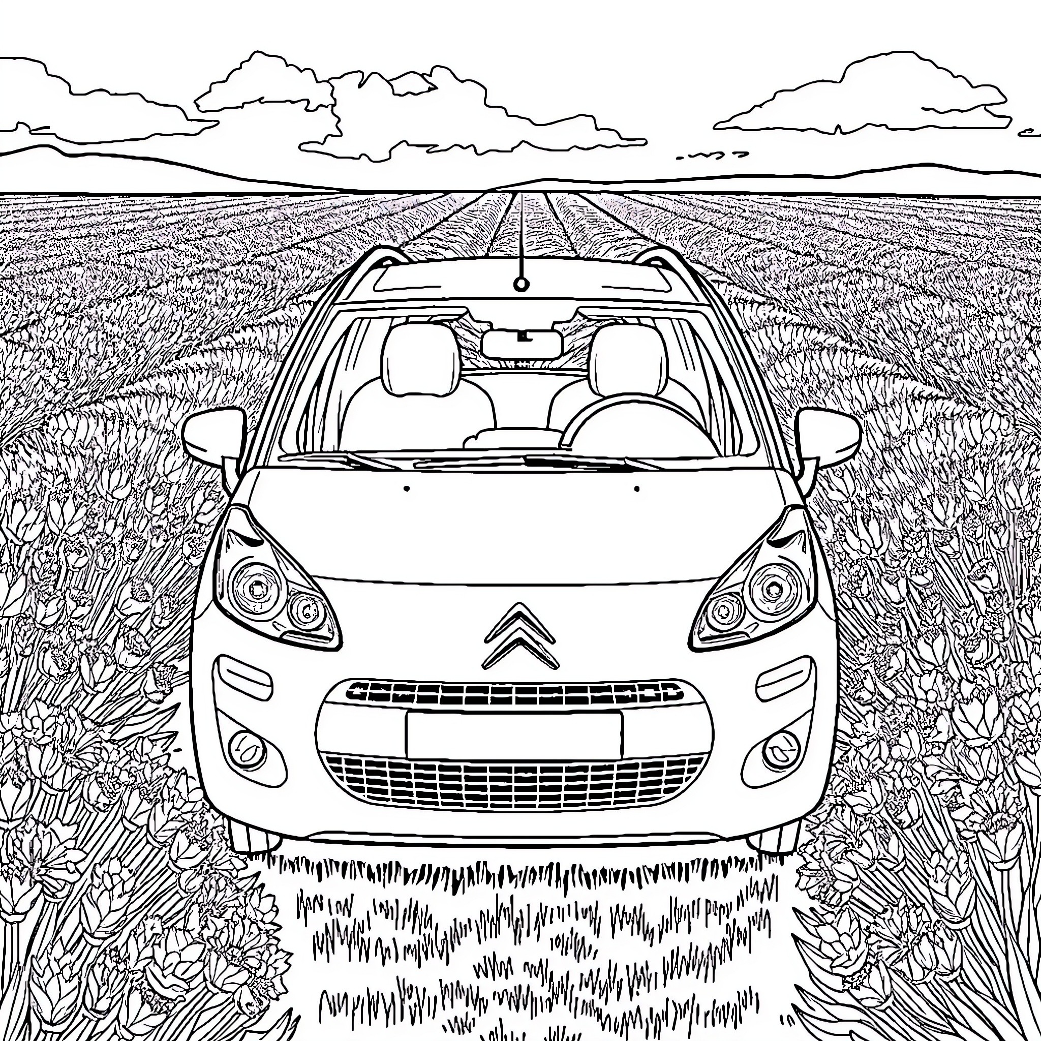 Citroen driving through scenic countryside landscape Coloring Page (free black-and-white line drawing printable PDF for all, from beginners to advanced learners, including children, teens, adults, and seniors)