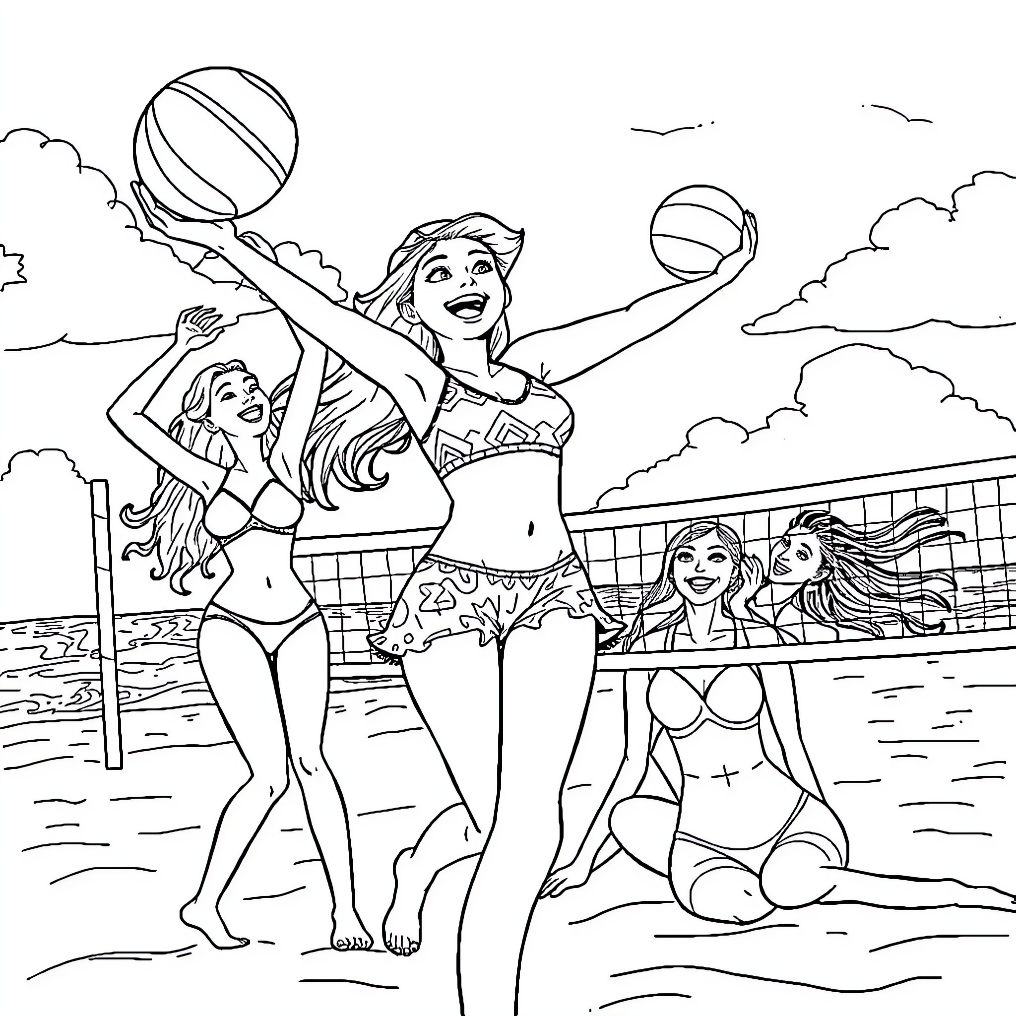 Blanca Nieves playing beach volleyball with friends Coloring Page (free black-and-white line drawing printable PDF for all, from beginners to advanced learners, including children, teens, adults, and seniors)