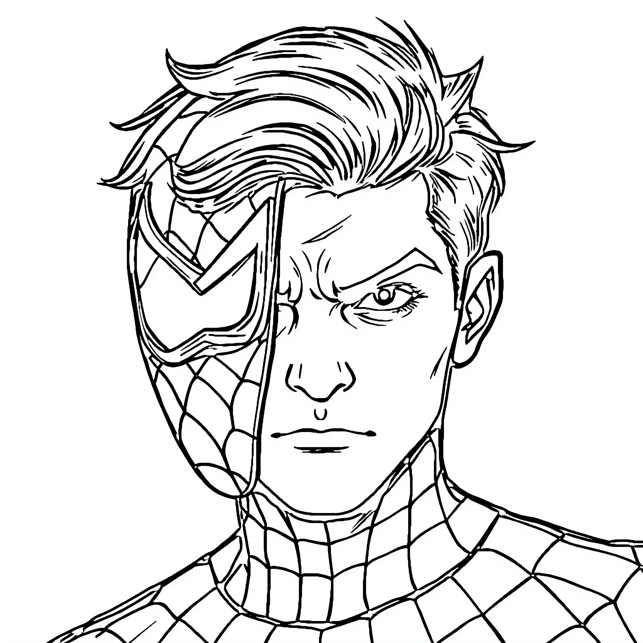 Peter Parker as Spider-Man in a determined expression Coloring Page (free black-and-white line drawing printable PDF for all, from beginners to advanced learners, including children, teens, adults, and seniors)