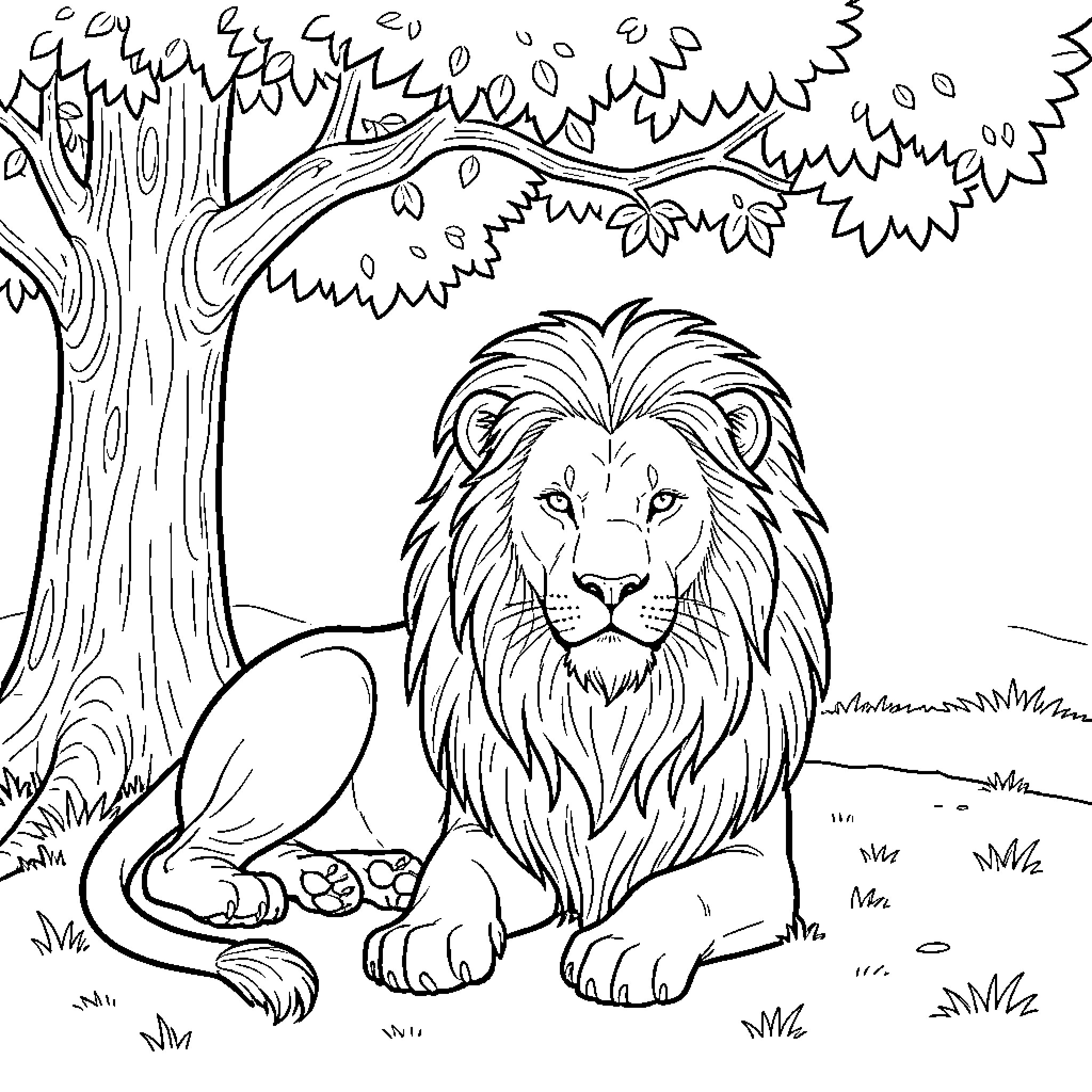 Lion resting in the serene forest Coloring Page (free black-and-white line drawing printable PDF for all, from beginners to advanced learners, including children, teens, adults, and seniors)