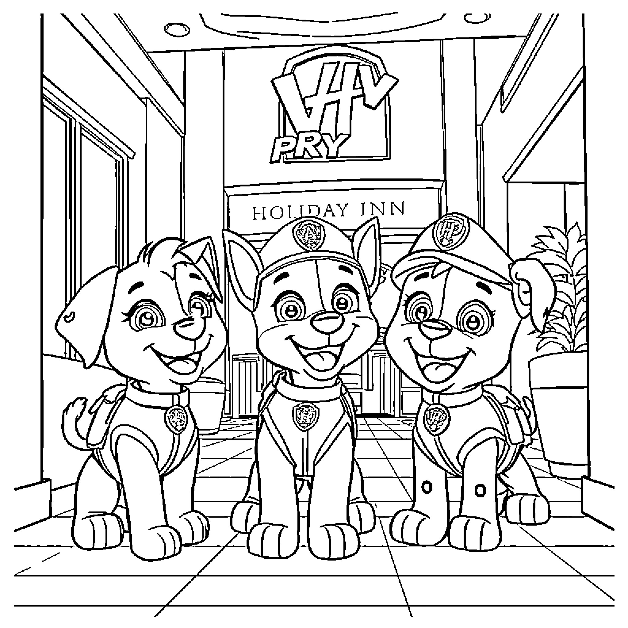 Paw Patrol characters exploring the Holiday Inn Coloring Page (free black-and-white line drawing printable PDF for all, from beginners to advanced learners, including children, teens, adults, and seniors)