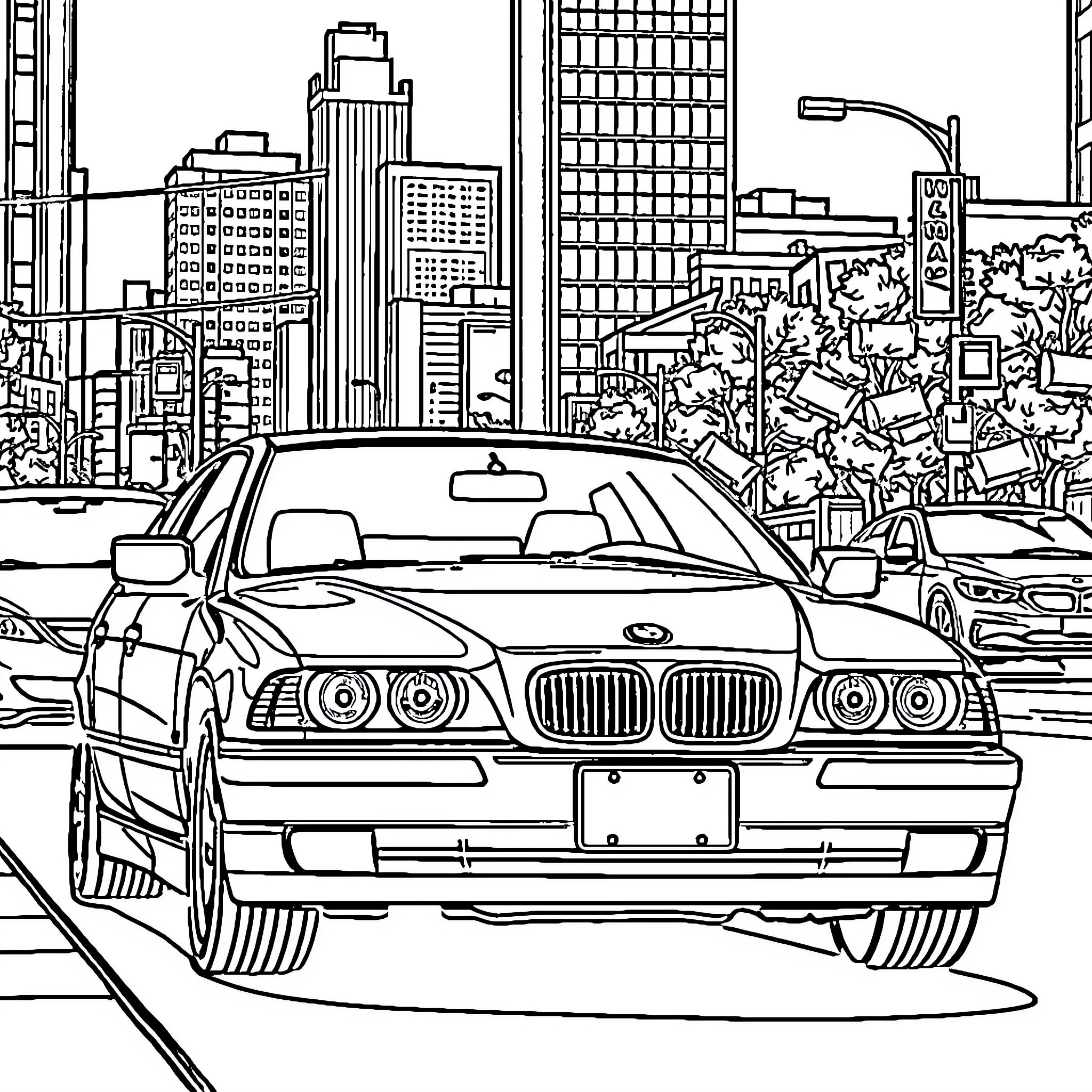 BMW in Busy City Street Scene Coloring Page (free black-and-white line drawing printable PDF for all, from beginners to advanced learners, including children, teens, adults, and seniors)