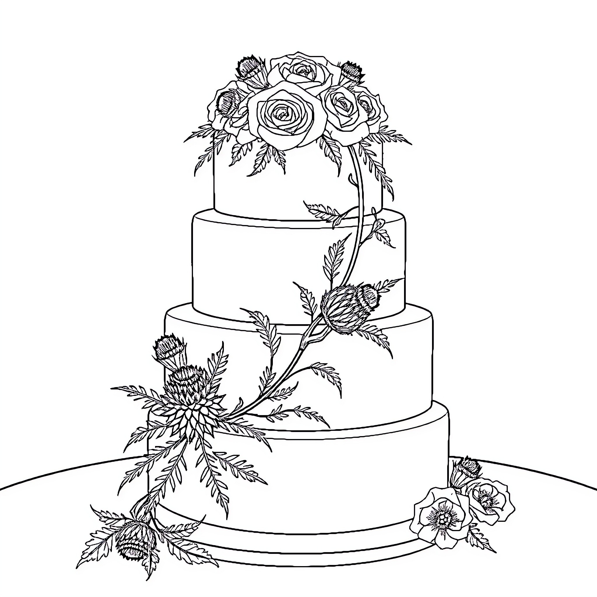 Wedding Cake with Elegant Floral Decorations Coloring Page (free black-and-white line drawing printable PDF for all, from beginners to advanced learners, including children, teens, adults, and seniors)